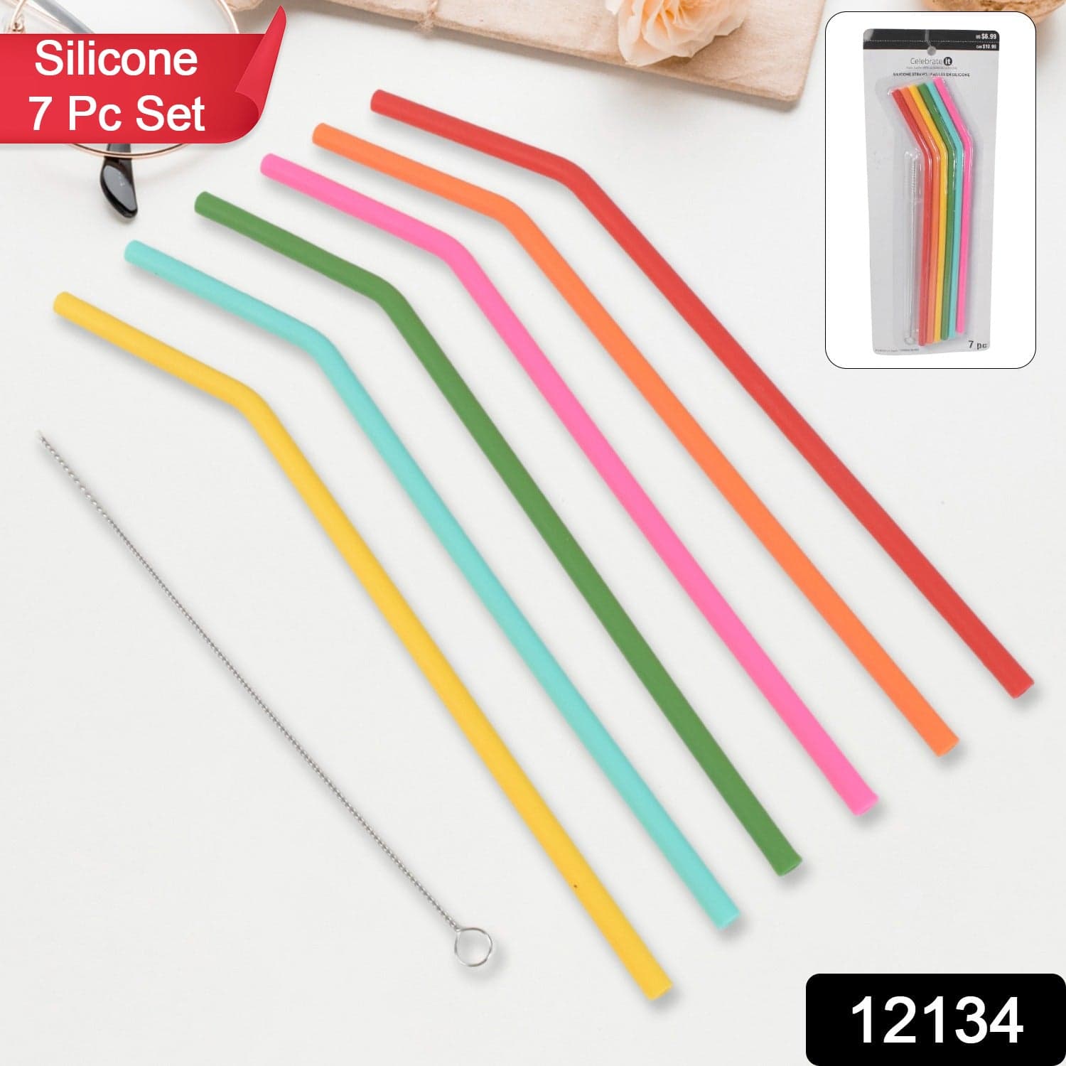 Reusable Silicone Straws Flexible Drinking Straws with Cleaning Brush (7 pc) thumbnail 2