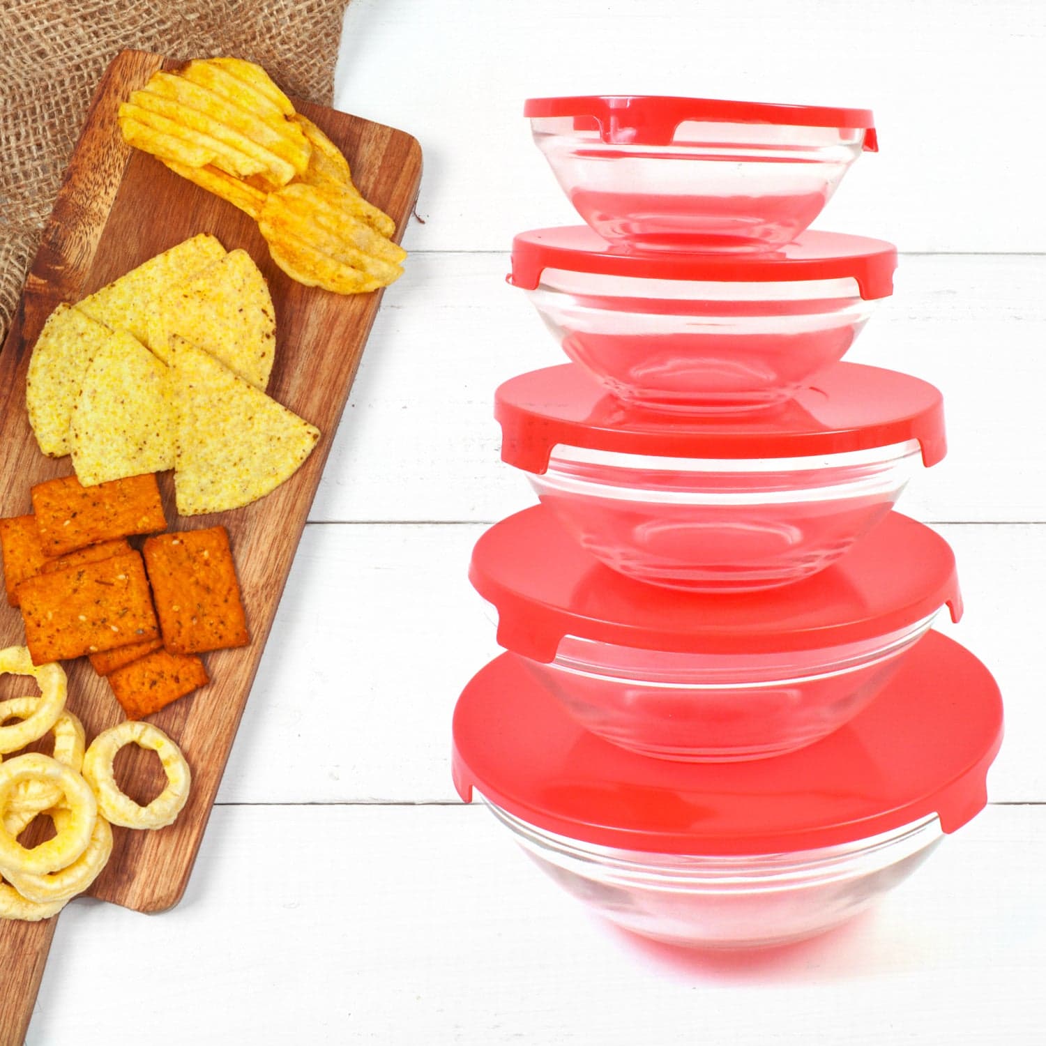 Modern Glass Bowl Set, Mixing / Storage Bowls with Red Lids (5 Pcs Set) thumbnail 1