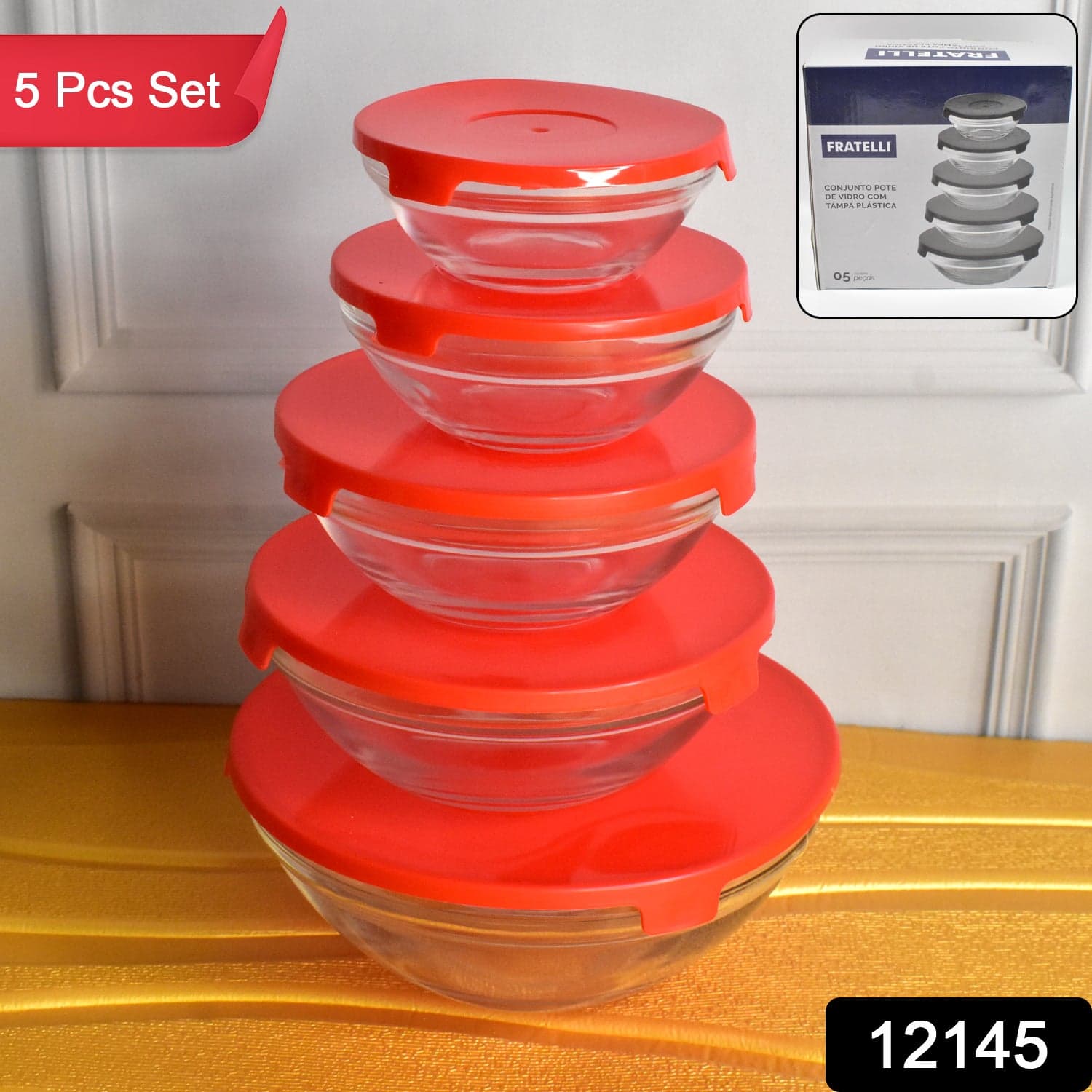 Modern Glass Bowl Set, Mixing / Storage Bowls with Red Lids (5 Pcs Set) thumbnail 2
