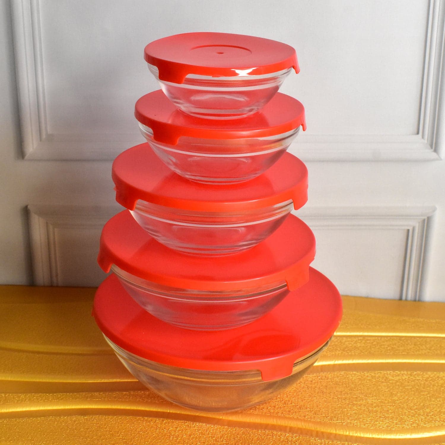 Modern Glass Bowl Set, Mixing / Storage Bowls with Red Lids (5 Pcs Set) thumbnail 3