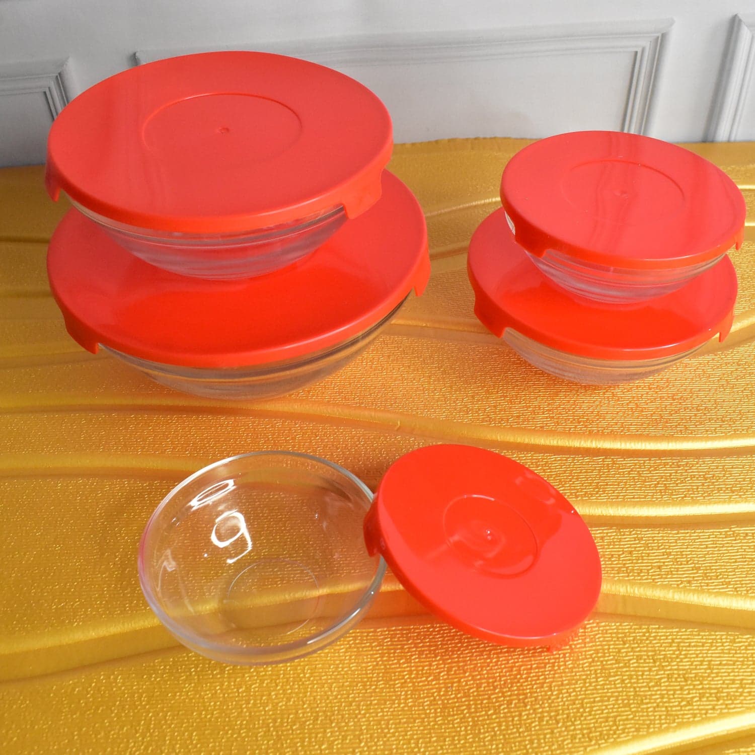 Modern Glass Bowl Set, Mixing / Storage Bowls with Red Lids (5 Pcs Set) thumbnail 5
