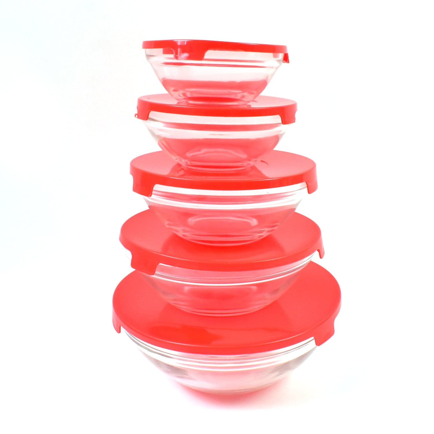 Modern Glass Bowl Set, Mixing / Storage Bowls with Red Lids (5 Pcs Set) thumbnail 6