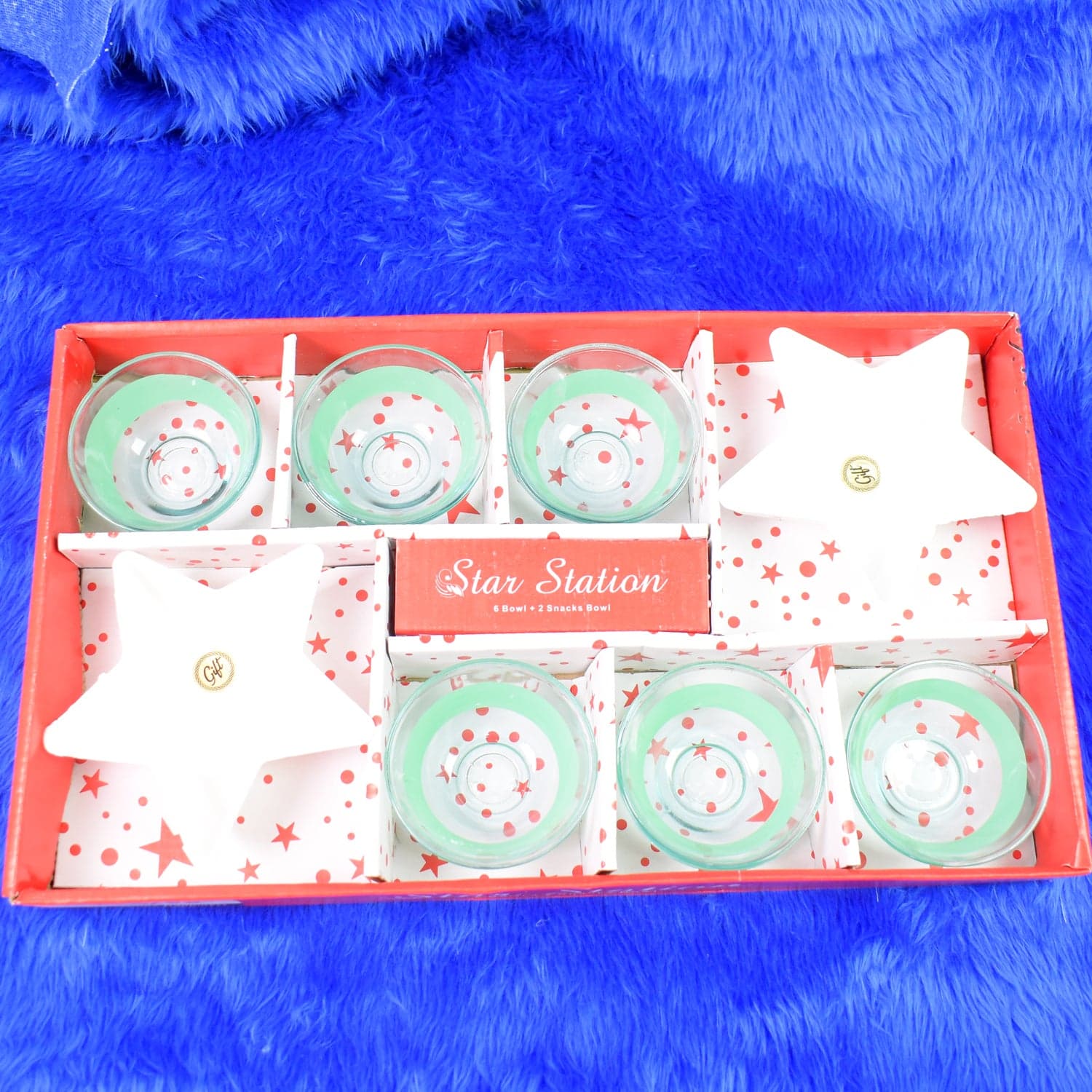 Star Station High Quality 6 Pc Glass Bowl & 2 Pc Plastic Star Shape Snack Bowl Set (8 Pcs Set) thumbnail 1