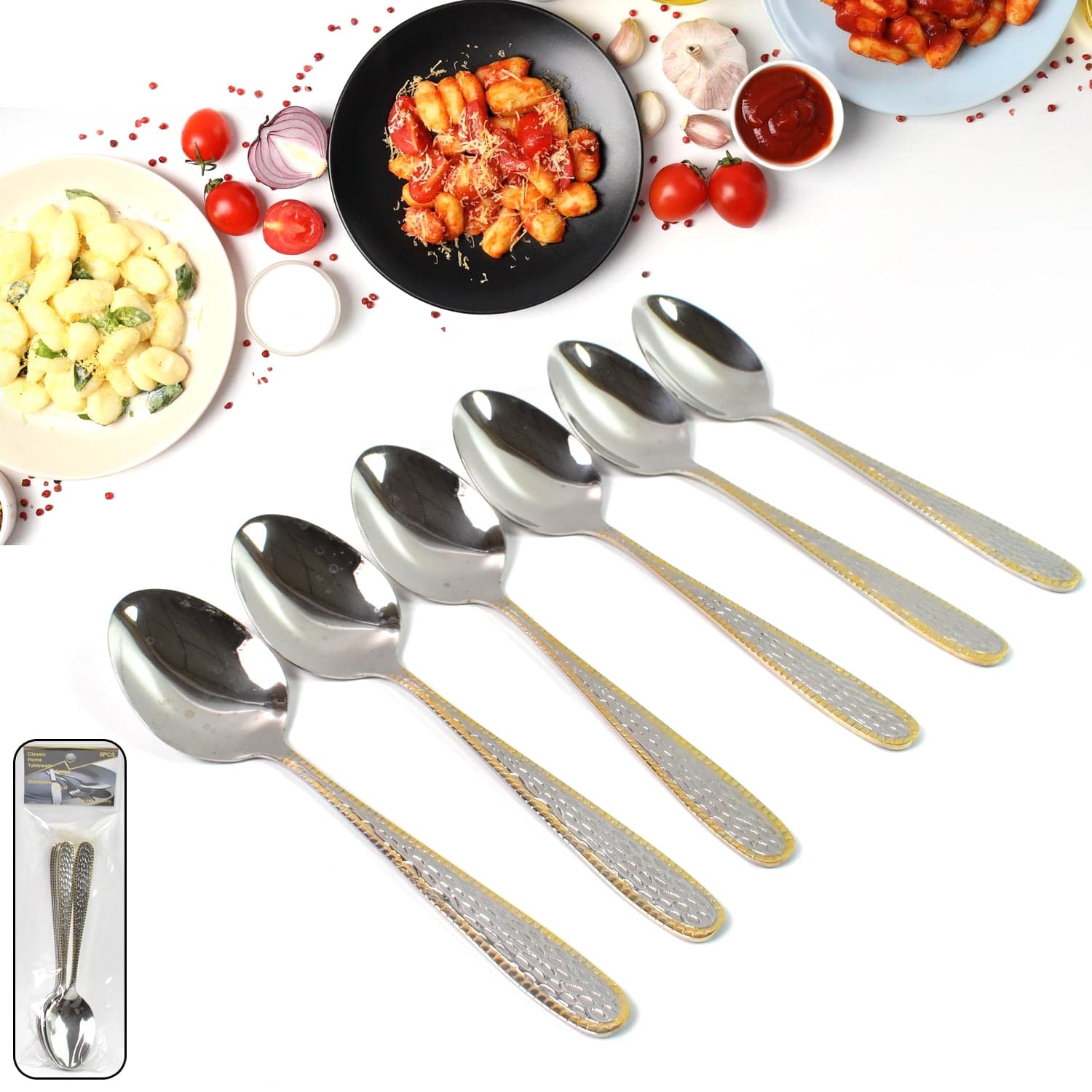 Stainless Steel Gold Bordered Textured Spoons Gold Plated Handle Set of 6 Pc thumbnail 1