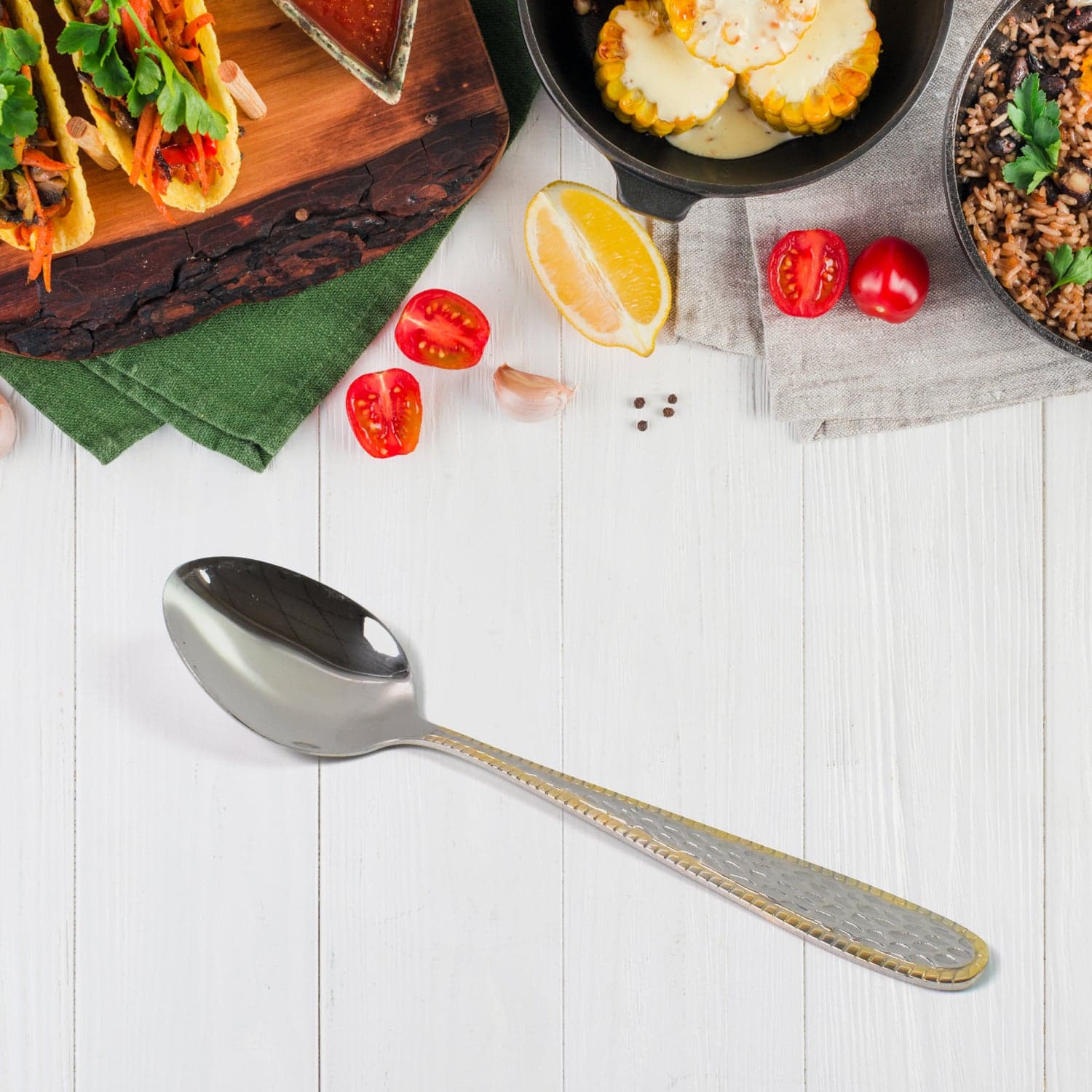 Stainless Steel Gold Bordered Textured Spoons Gold Plated Handle Set of 6 Pc thumbnail 4