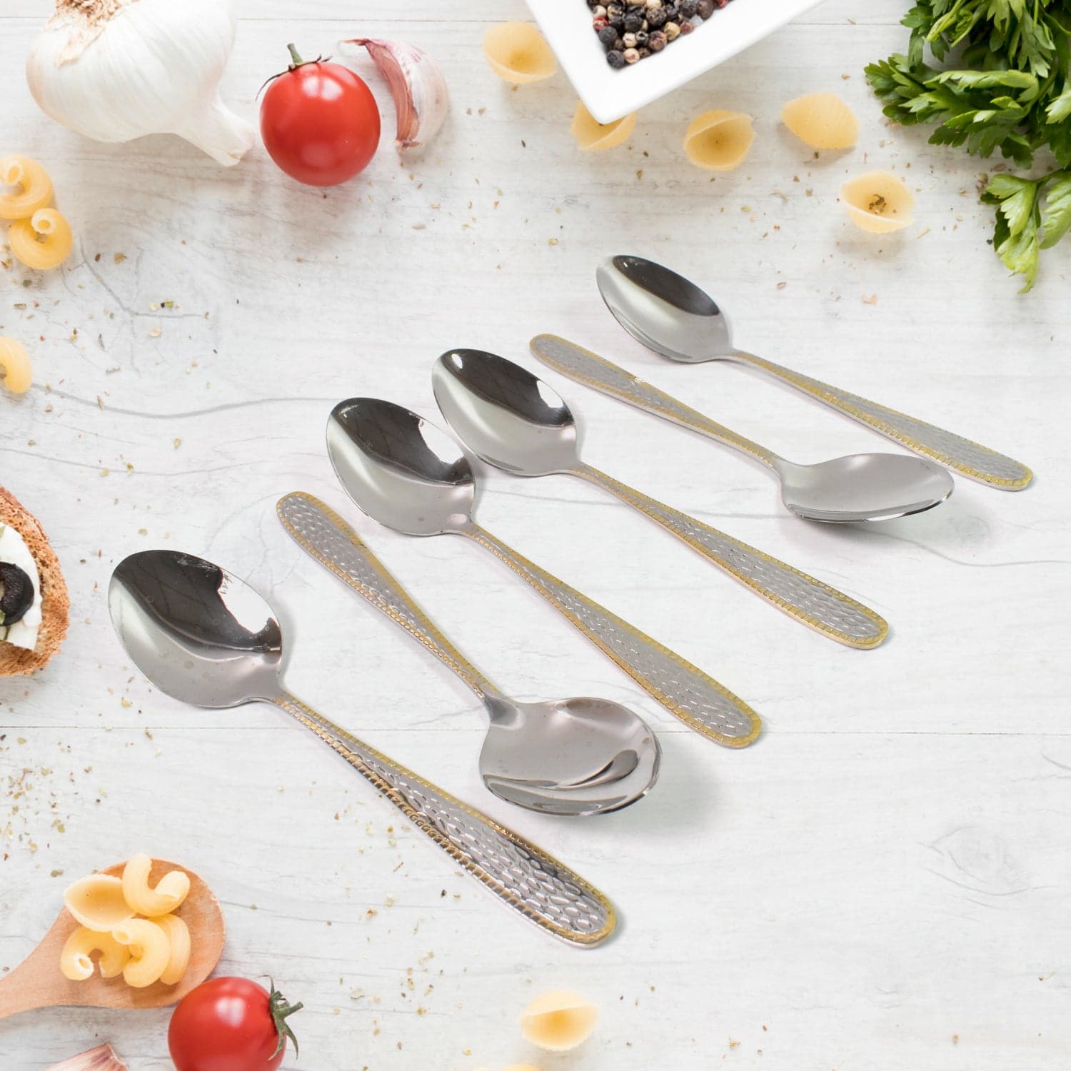 Stainless Steel Gold Bordered Textured Spoons Gold Plated Handle Set of 6 Pc thumbnail 5