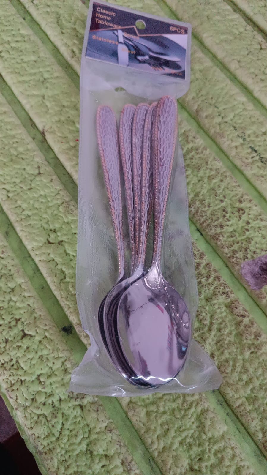 Stainless Steel Gold Bordered Textured Spoons Gold Plated Handle Set of 6 Pc thumbnail 7