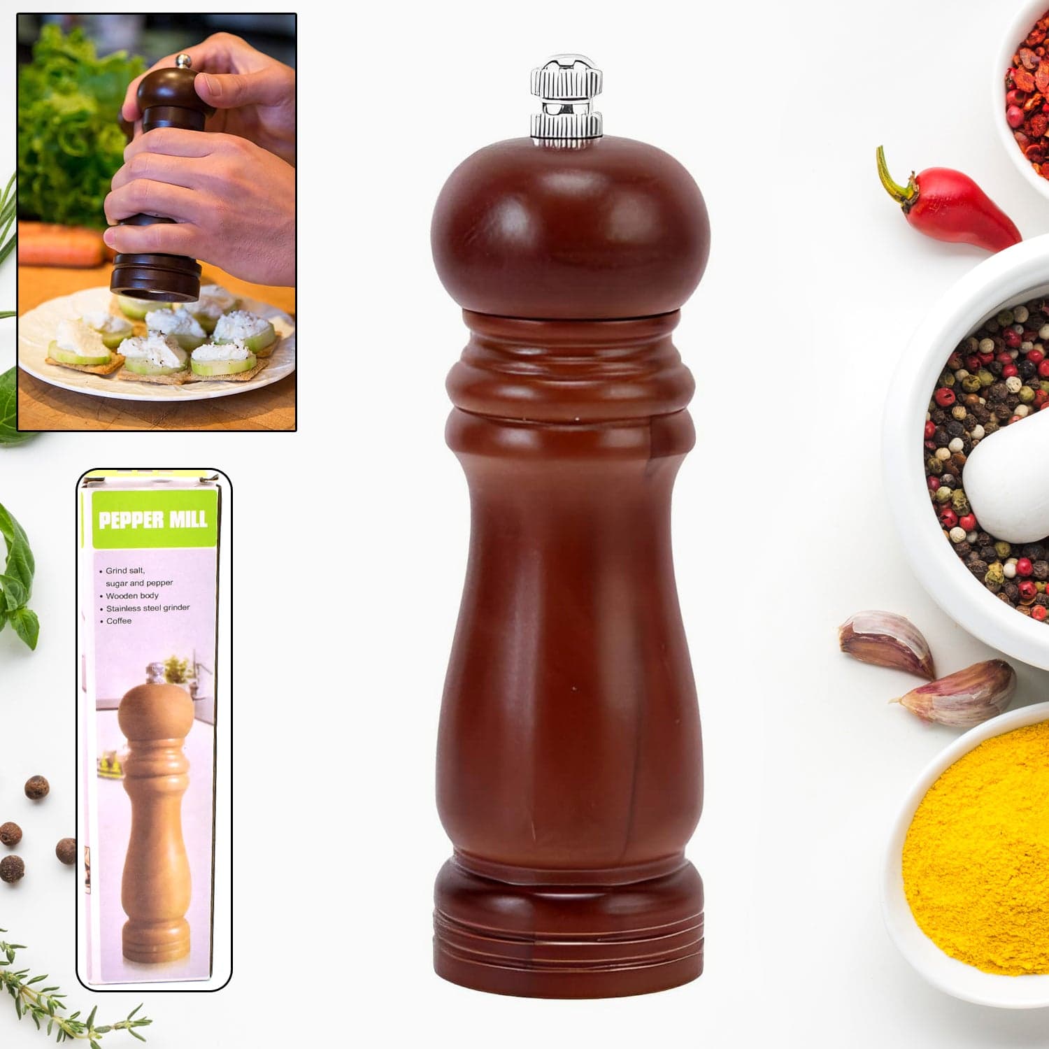 Wooden Pepper Mill 6 inch Tall - Best Pepper Grinder (1 Pc) thumbnail 1