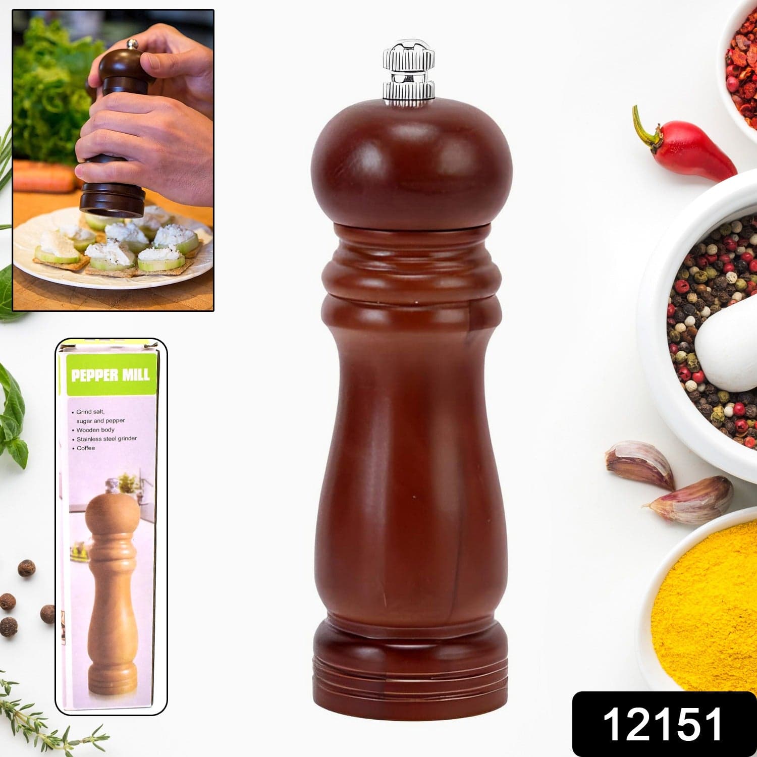 Wooden Pepper Mill 6 inch Tall - Best Pepper Grinder (1 Pc) thumbnail 2