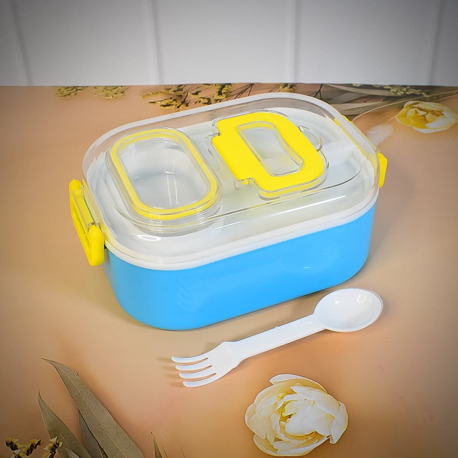 Durable Plastic Lunch box for Kids With 2 in 1 Spoon, Fork (1 Pc) thumbnail 1