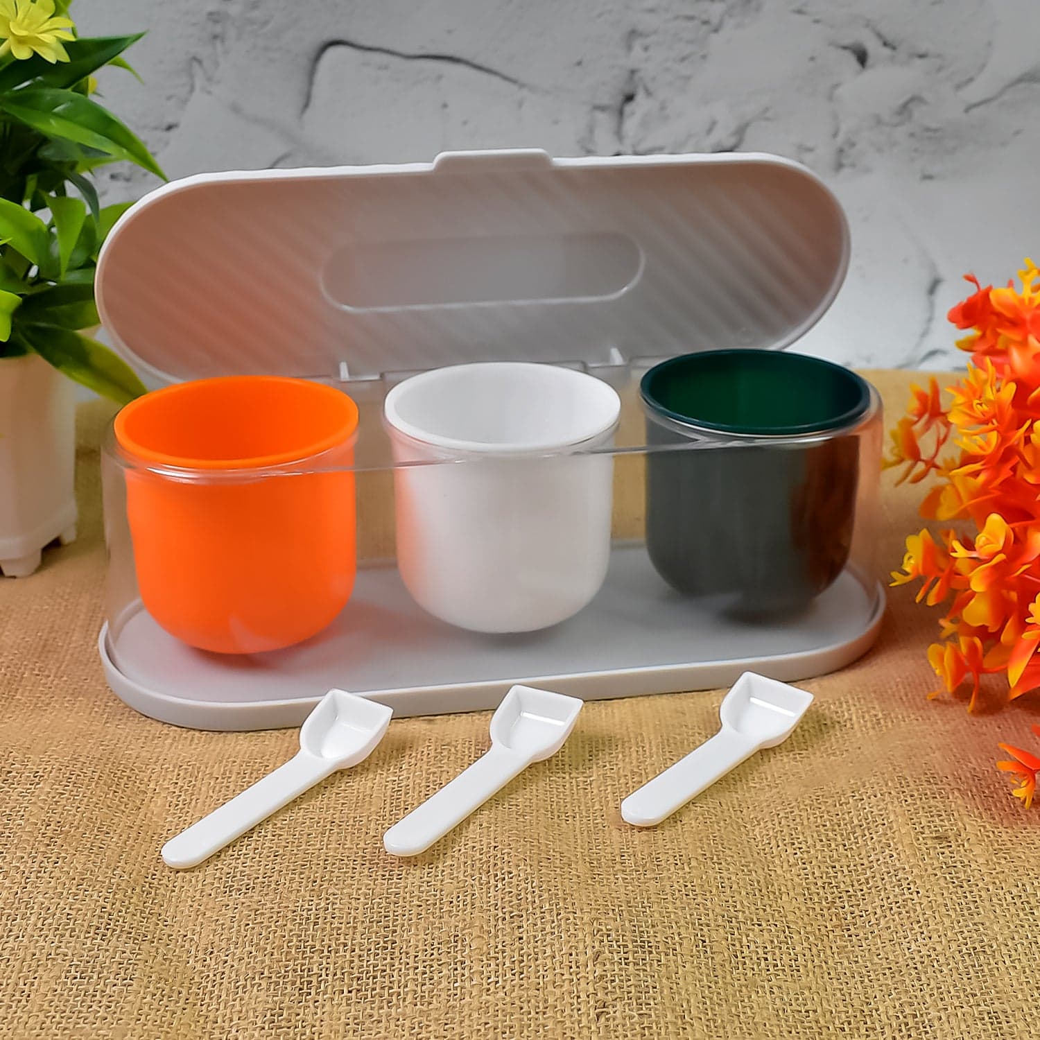Home Kitchen 3 Grid Seasoning Spice / Masala Box Kit with Spoon (Multicolor / 1 Set) thumbnail 1
