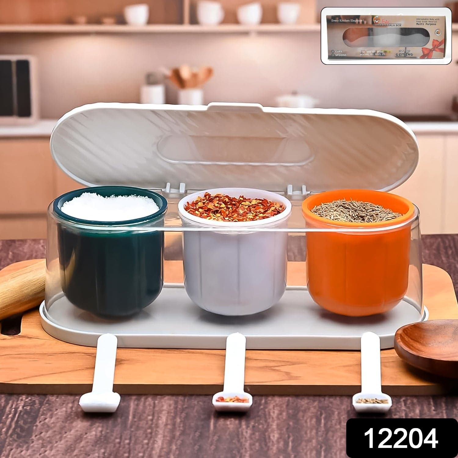 Home Kitchen 3 Grid Seasoning Spice / Masala Box Kit with Spoon (Multicolor / 1 Set) thumbnail 2