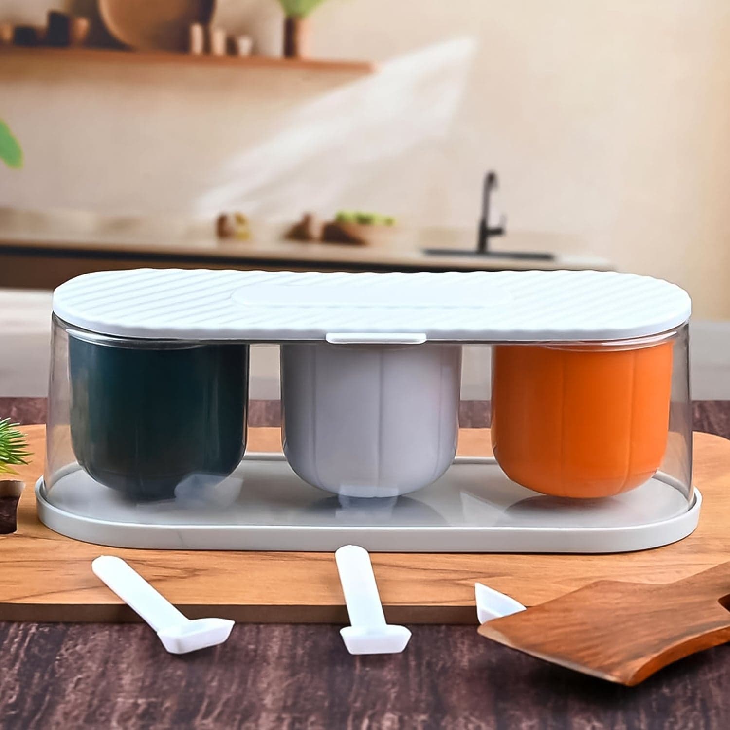 Home Kitchen 3 Grid Seasoning Spice / Masala Box Kit with Spoon (Multicolor / 1 Set) thumbnail 3
