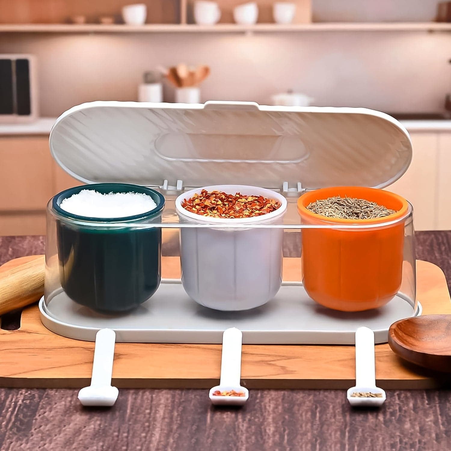 Home Kitchen 3 Grid Seasoning Spice / Masala Box Kit with Spoon (Multicolor / 1 Set) thumbnail 4