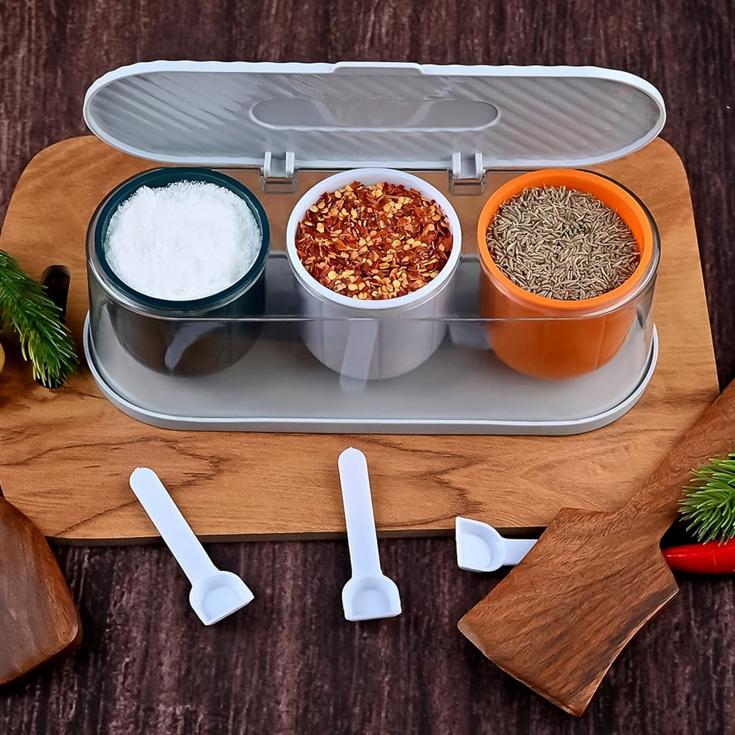 Home Kitchen 3 Grid Seasoning Spice / Masala Box Kit with Spoon (Multicolor / 1 Set) thumbnail 6