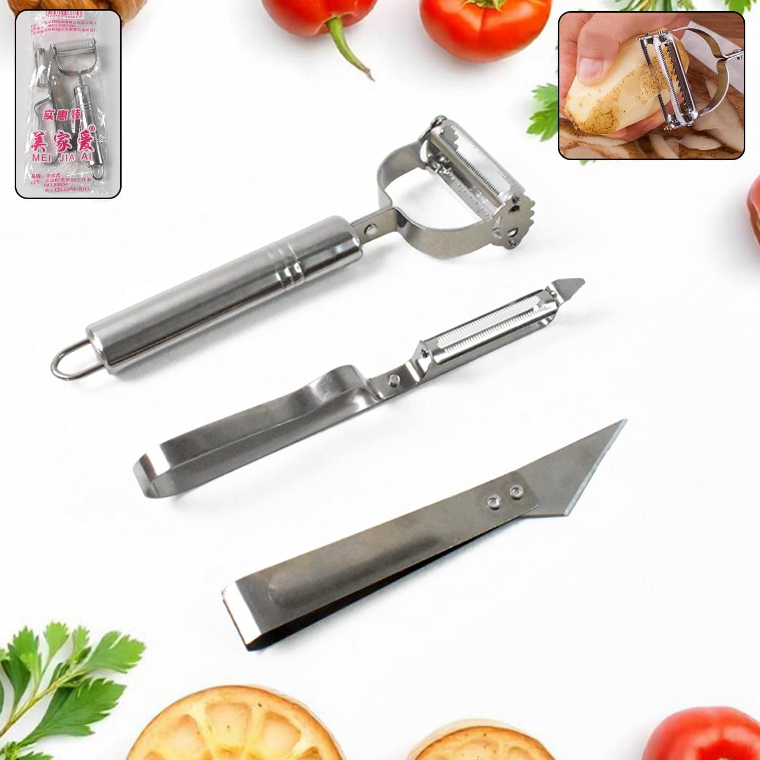 3 In 1 Stainless Steel Vegetable and Fruit Peeler Set (3 Pcs Set) thumbnail 1