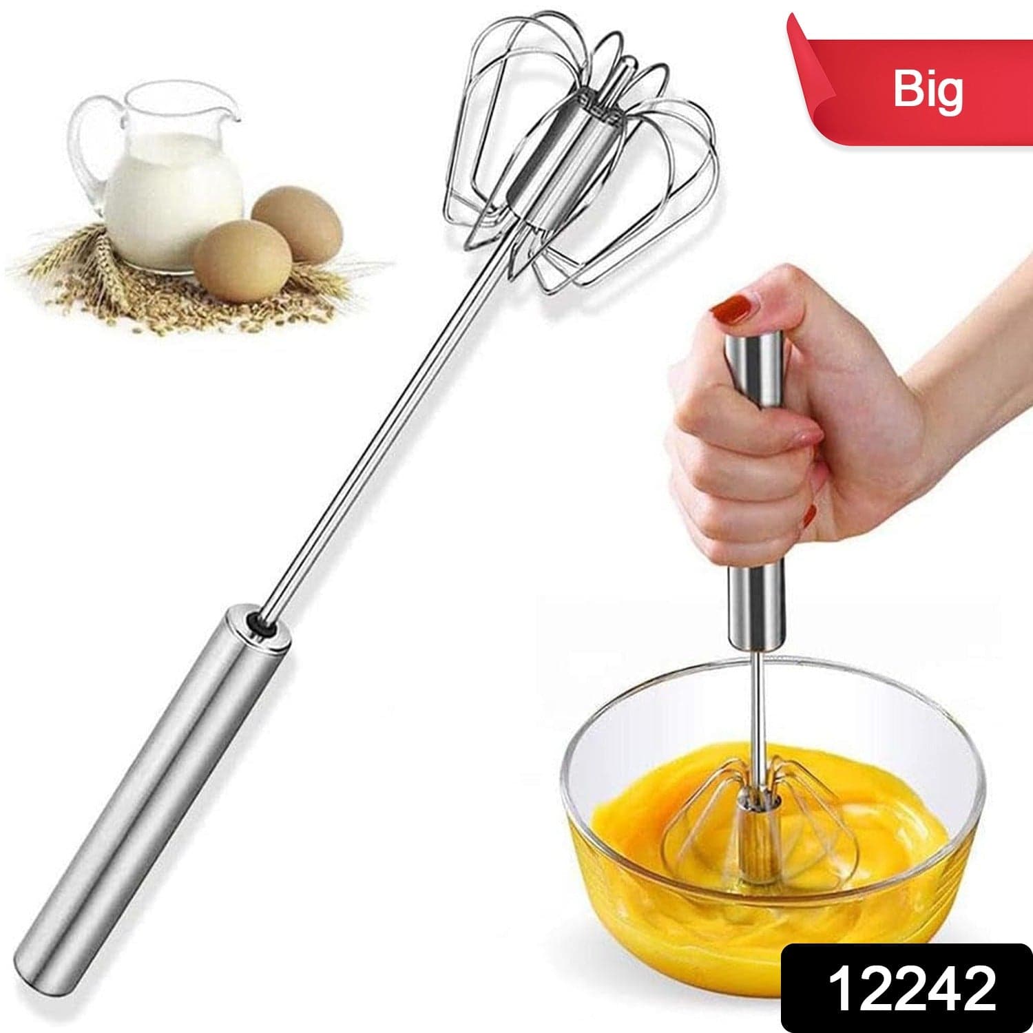 Big Stainless Steel Egg Whisk, Hand Push Rotary Whisk Blender (1 Pc / 35 Cm) thumbnail 2