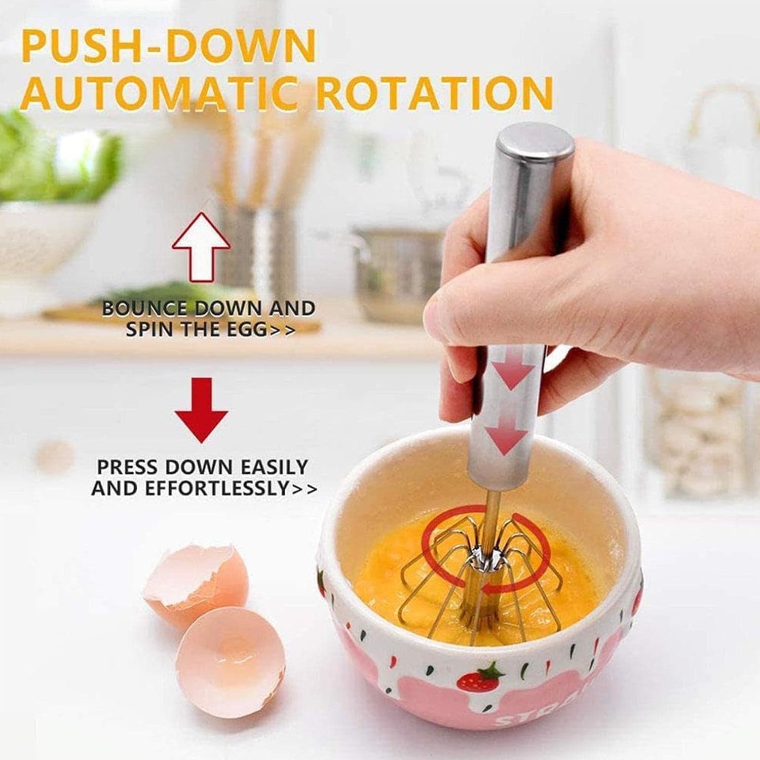 Big Stainless Steel Egg Whisk, Hand Push Rotary Whisk Blender (1 Pc / 35 Cm) thumbnail 5