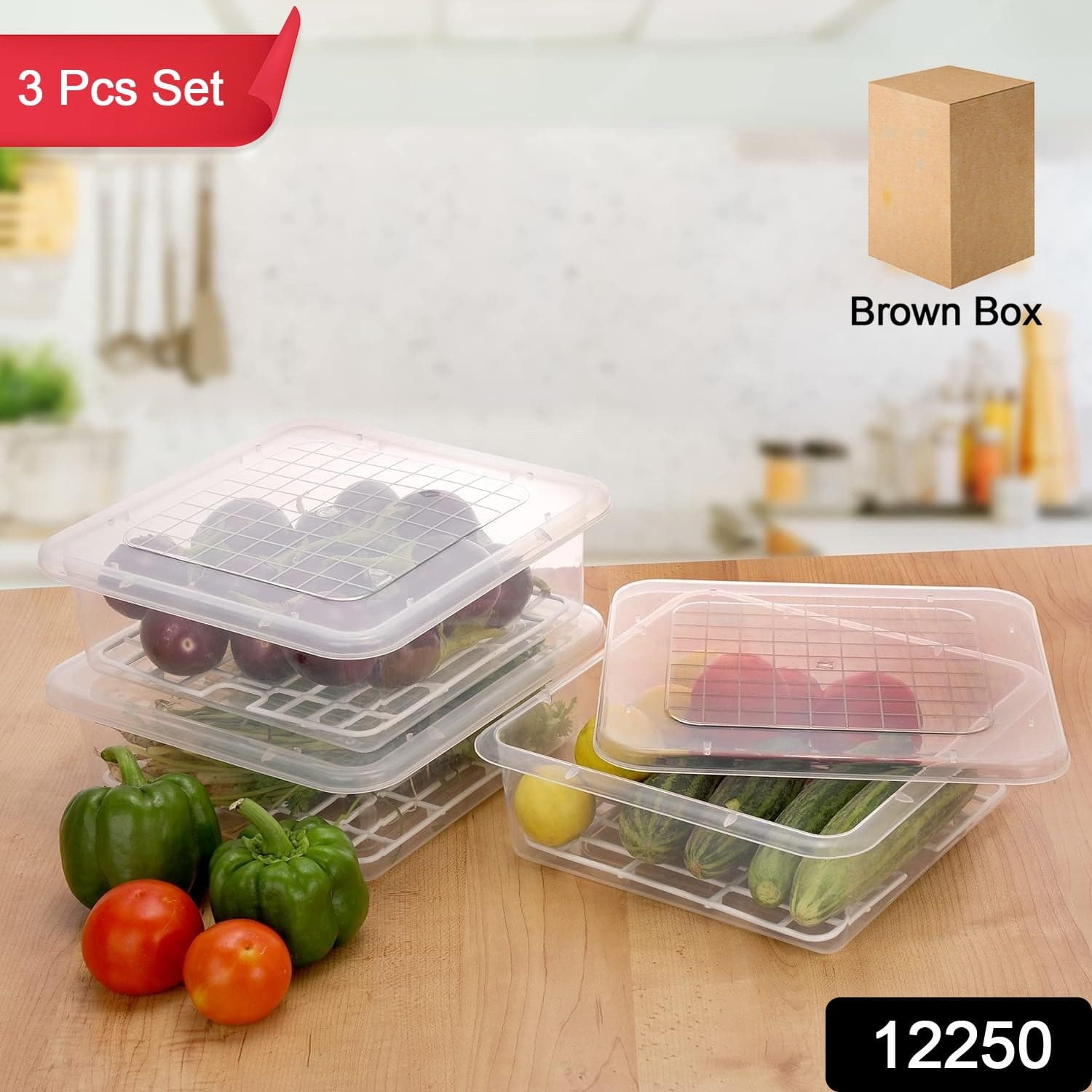 Plastic Food Storage Containers with Removable Drain Tray and Lid (3 Pcs Set) thumbnail 2