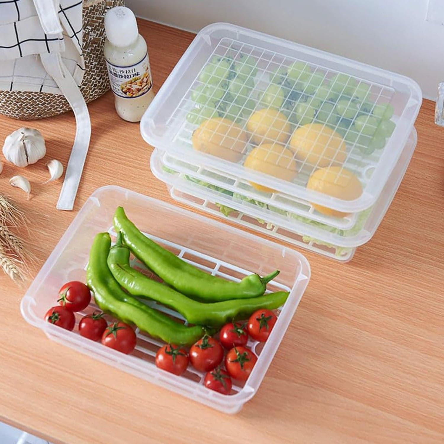 Plastic Food Storage Containers with Removable Drain Tray and Lid (3 Pcs Set) thumbnail 3