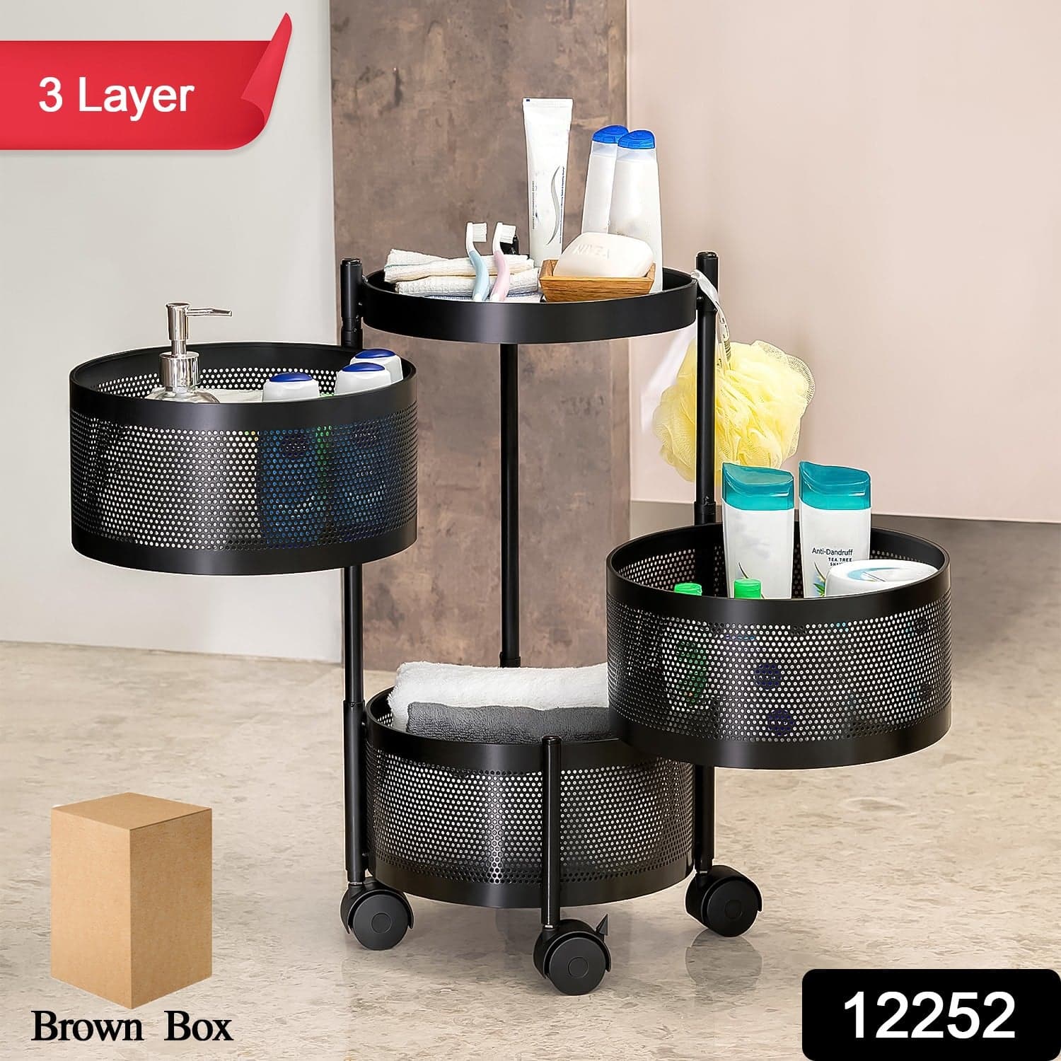 Metal Round High Quality Kitchen Trolley with Wheels (3 Layer / 1 Pc) thumbnail 2