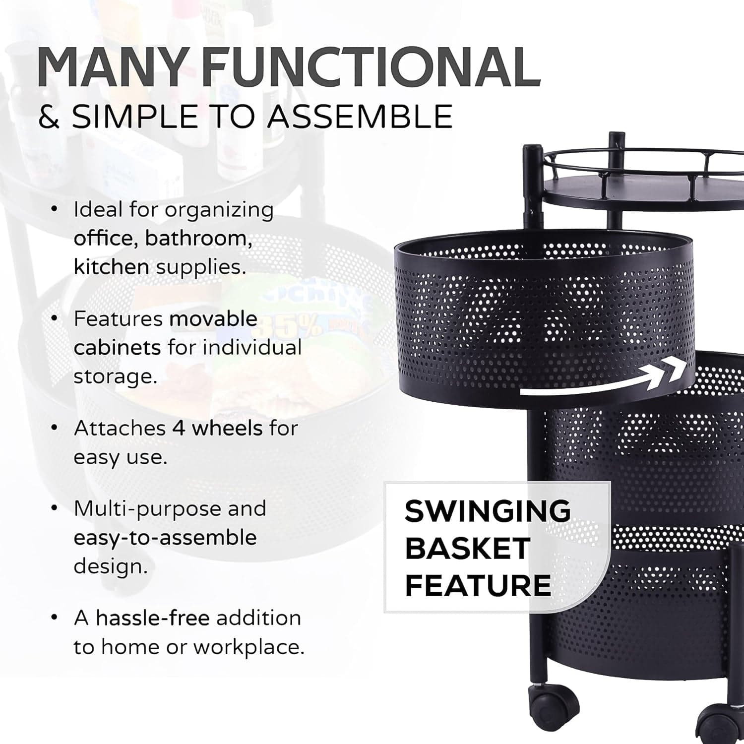 Metal Round High Quality Kitchen Trolley with Wheels (3 Layer / 1 Pc) thumbnail 4