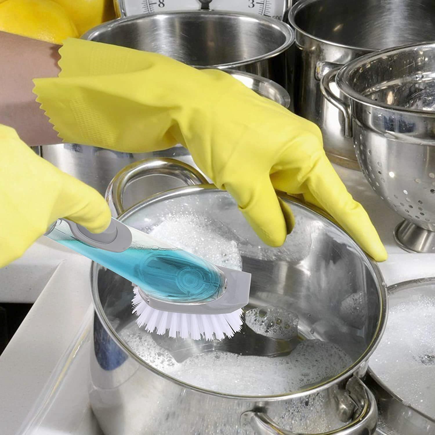 Home & Kitchen Cleaning Brushes, Scrubber, Soap Dispenser Scrub Brush For Pans Pots And Bathtub Sink (5 In 1) thumbnail 1