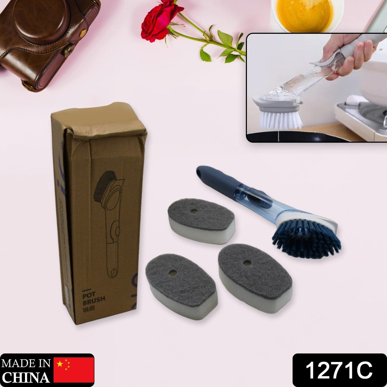 Mix Color Dish Scrubber With Soap Dispenser thumbnail 2