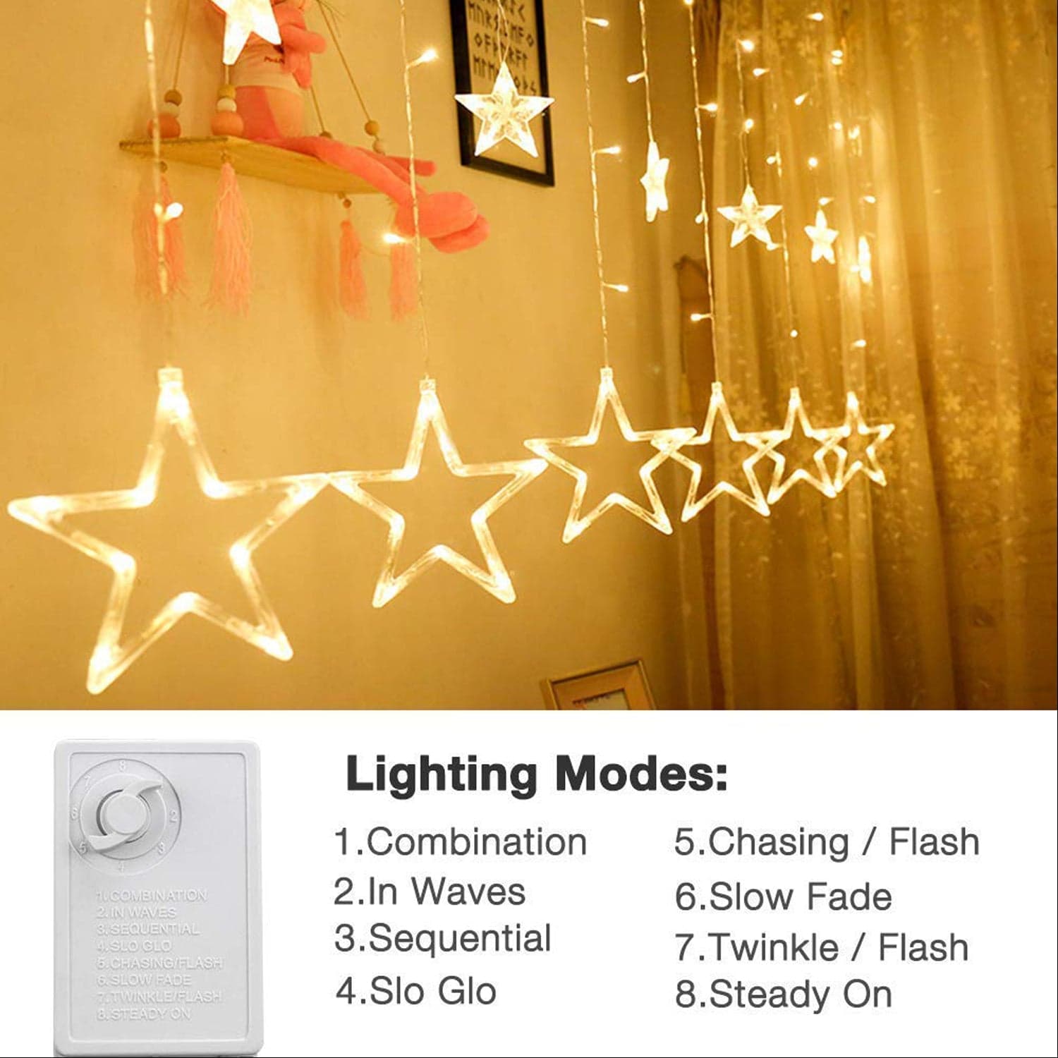12 Stars Curtain String Lights, Window Curtain Lights With 8 Flashing Modes Decoration For Festivals thumbnail 8