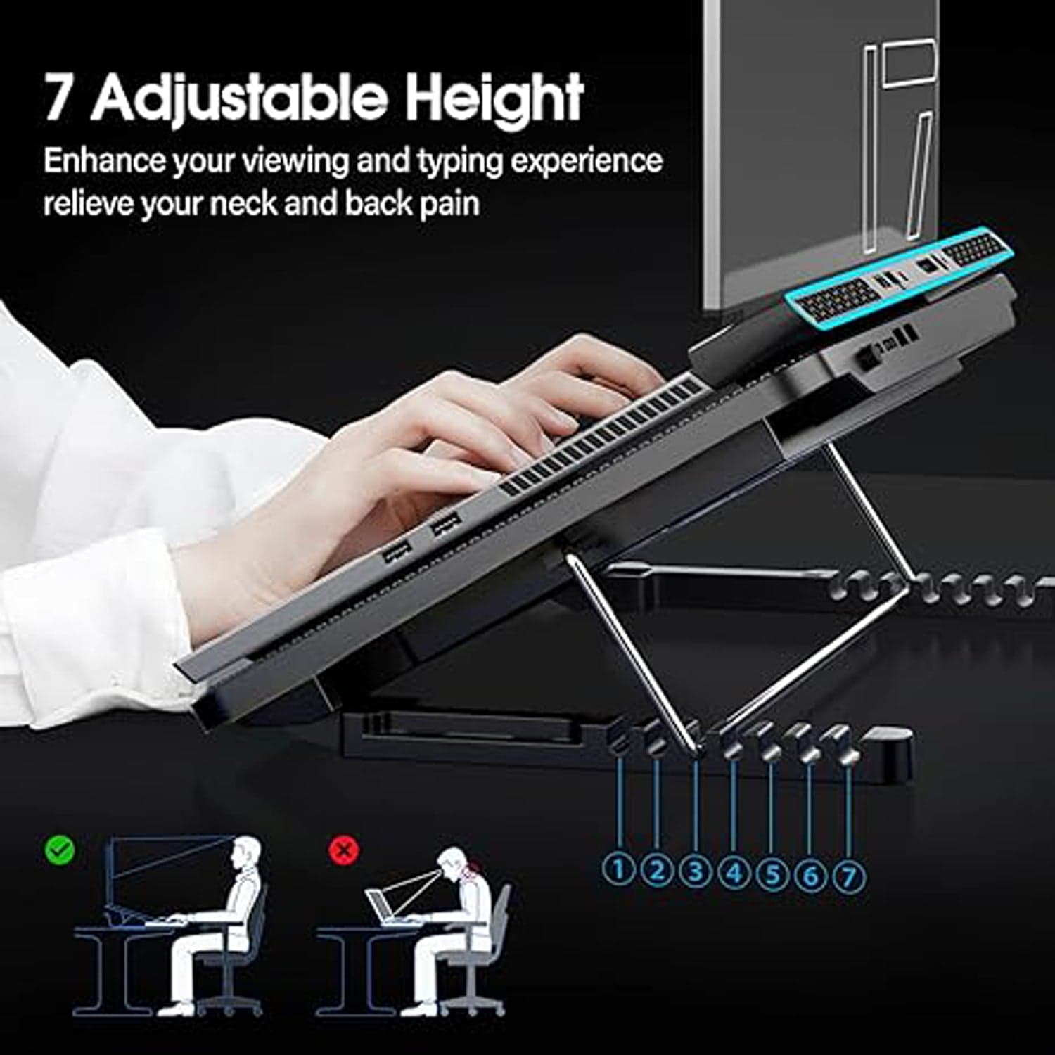 Laptop Cooler Cooling Pad With 2 Quiet Led Fans, Dual Usb Ports, Portable Ultra Slim Usb Powered 7 Heights Adjustable Laptop Stand For Gaming Laptop thumbnail 4