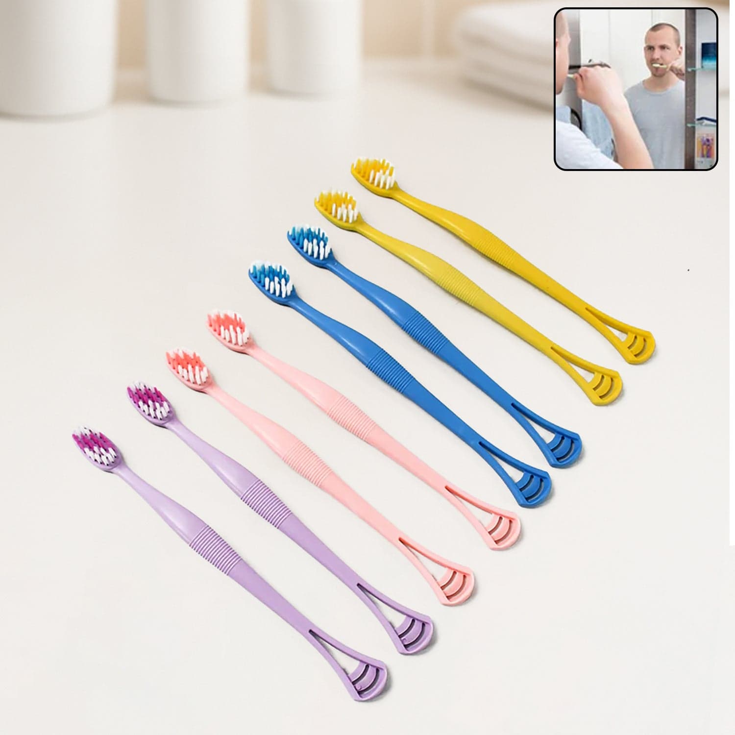 2-in-1 Tooth Brush with Tongue Scraper, Soft Bristle & Long Handle (8Pcs) Soft Toothbrush thumbnail 1
