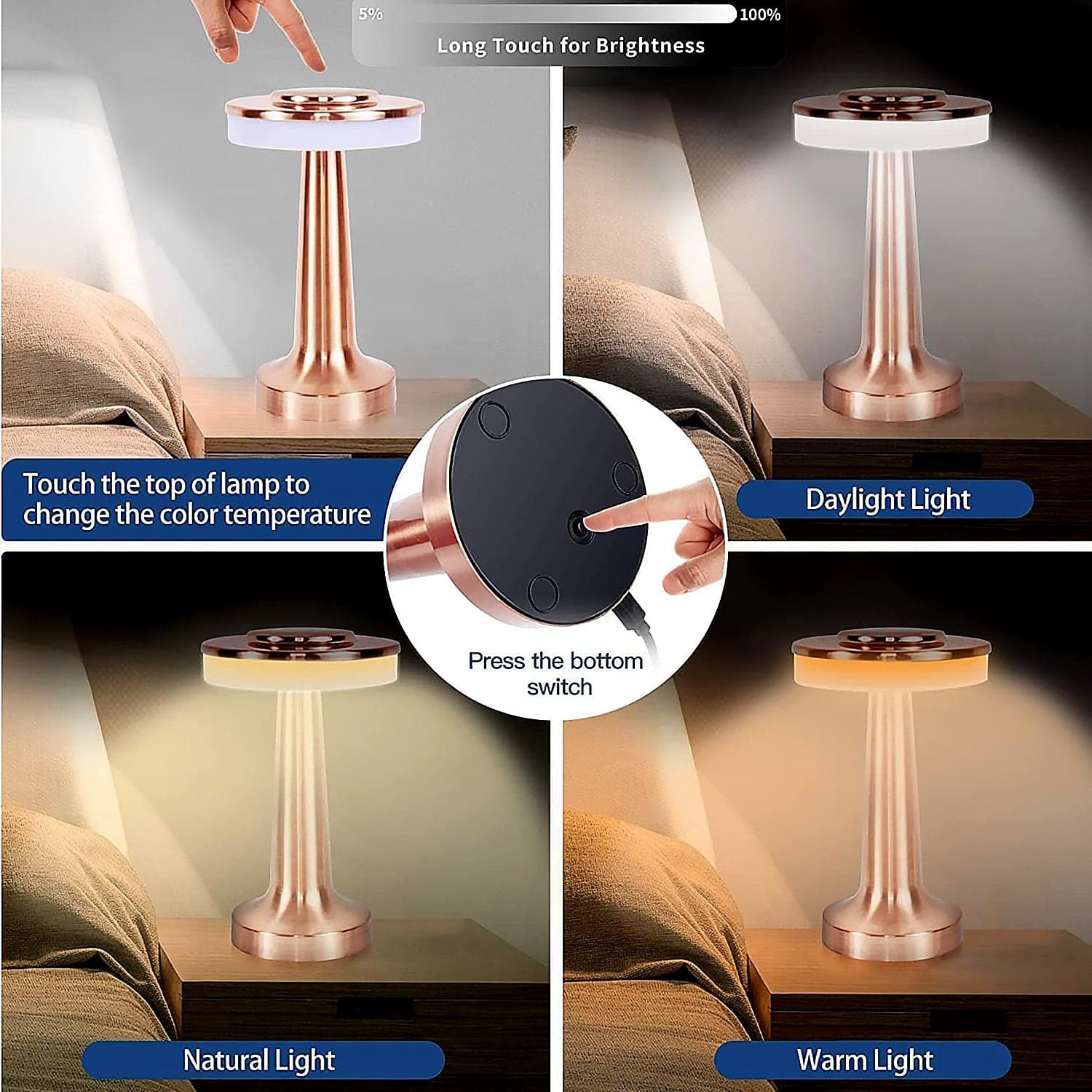 Touch Led Metal Desk Lamp Of Usb Rechargeable, 3 Colors/Brightness Levels, Dimmable Eye Protection (1 Pc) thumbnail 6