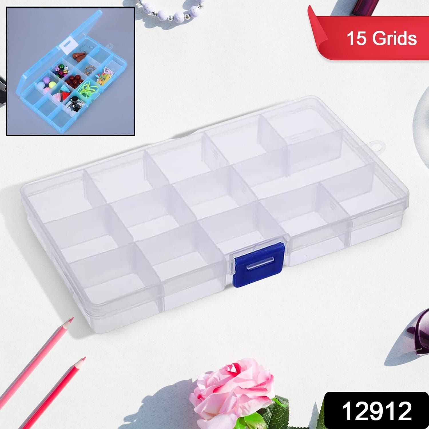 15-Grid Clear Plastic Jewelry Organizer Box with Dividers (1 Pc) thumbnail 2