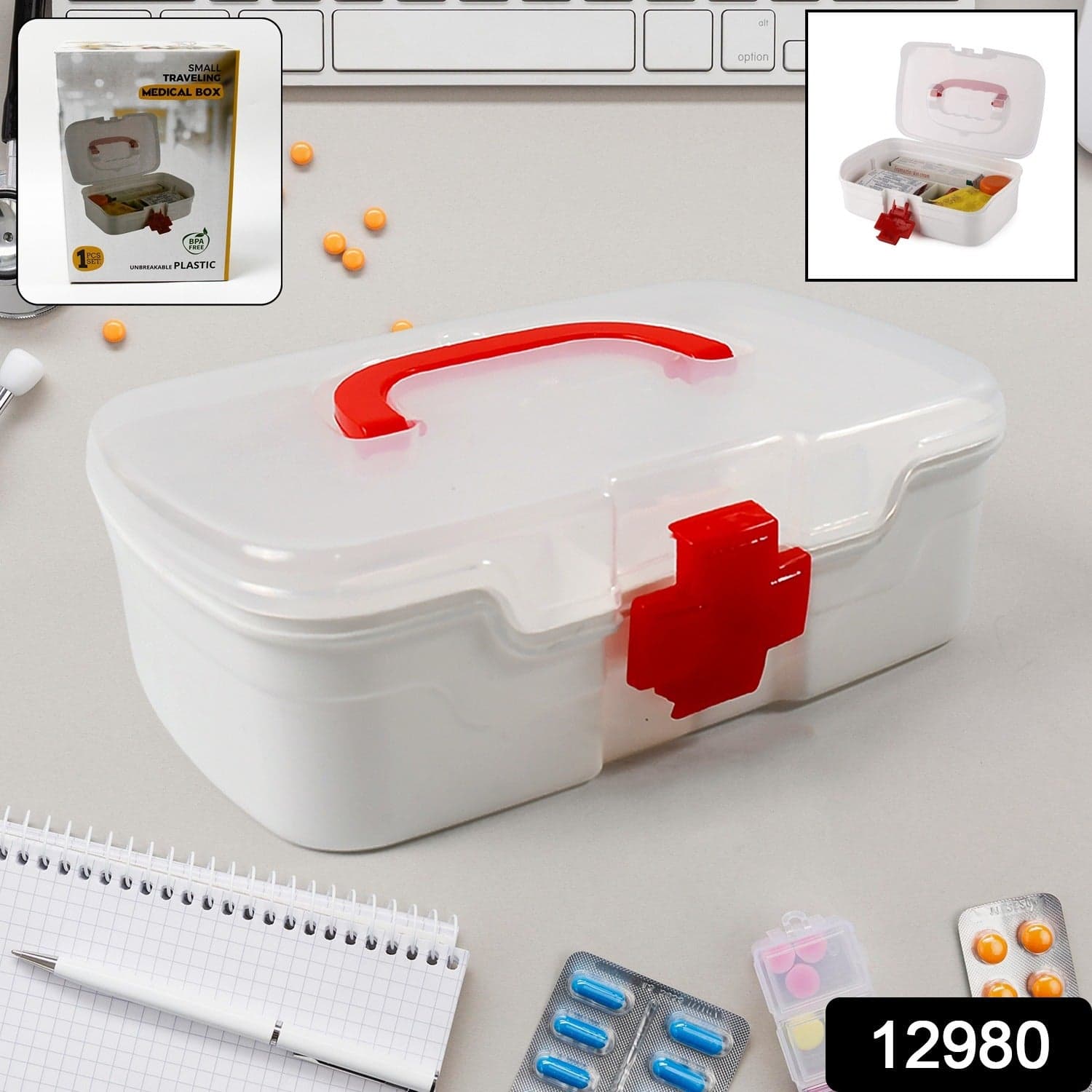 3-Compartment First Aid Box - Portable Medicine Storage with Detachable Tray & Transparent Lid thumbnail 2