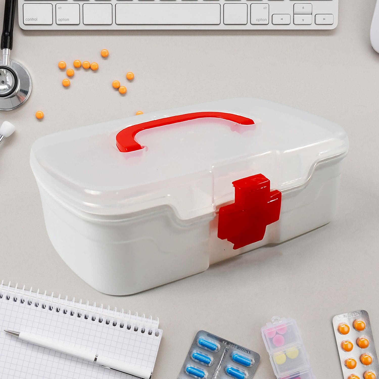 3-Compartment First Aid Box - Portable Medicine Storage with Detachable Tray & Transparent Lid thumbnail 3