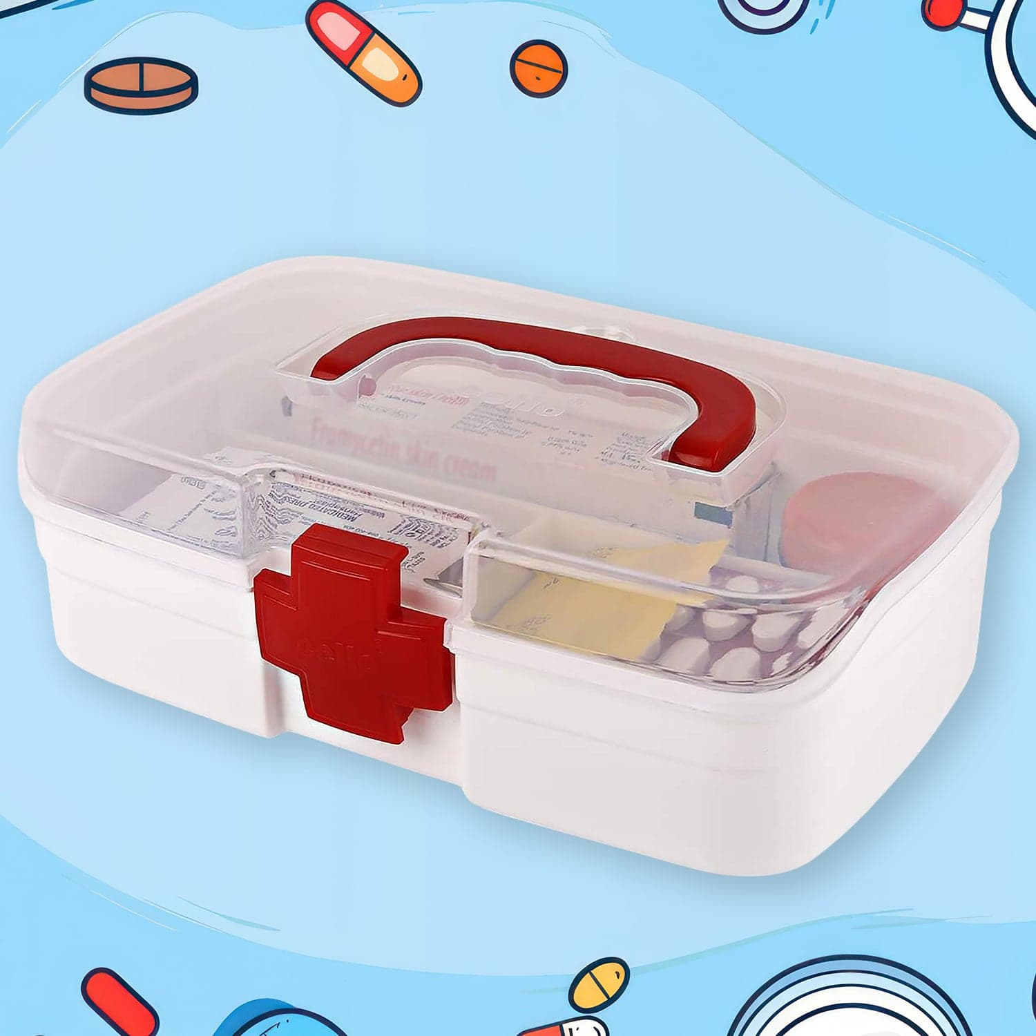 3-Compartment First Aid Box - Portable Medicine Storage with Detachable Tray & Transparent Lid thumbnail 5