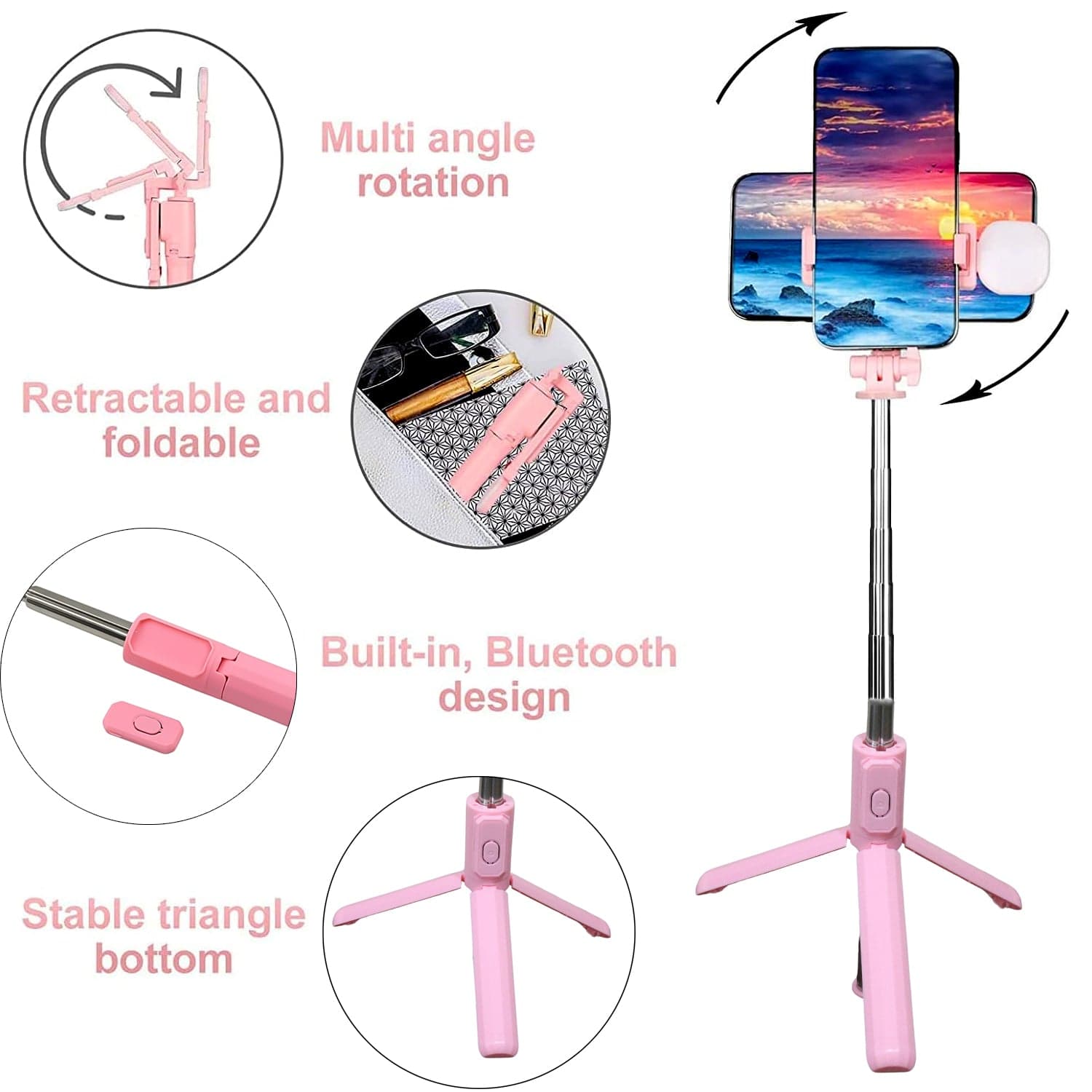 Portable Foldable Selfie Stick With Remote Control, 3-Axis Tripod Hand Stabilizer For Smartphones, Tiktok Vlog Youtuber Video Recording (1 Pc) thumbnail 5