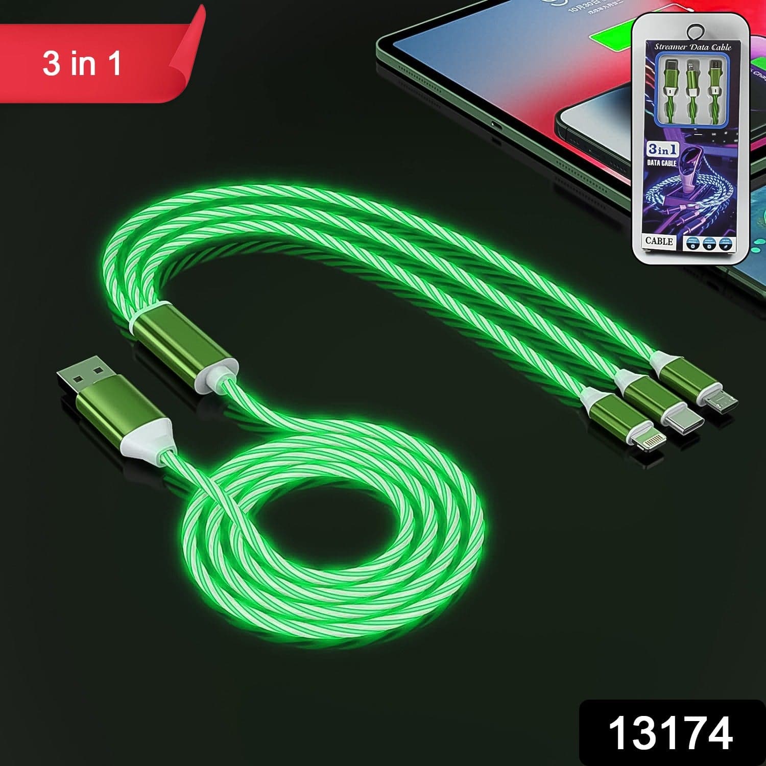 3 in 1 Charging Cable Light Up Fast Charger Multi Charging Cable (1 Pc) thumbnail 2