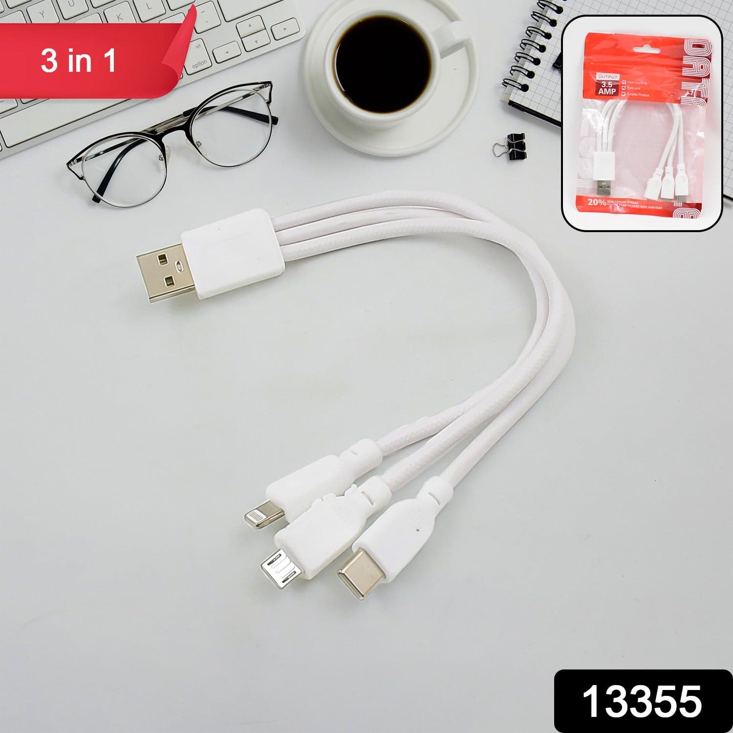 3 In 1 Charging Cable Fast Charging Cord USB Cable 3.5 Amp (1 Pc) thumbnail 2