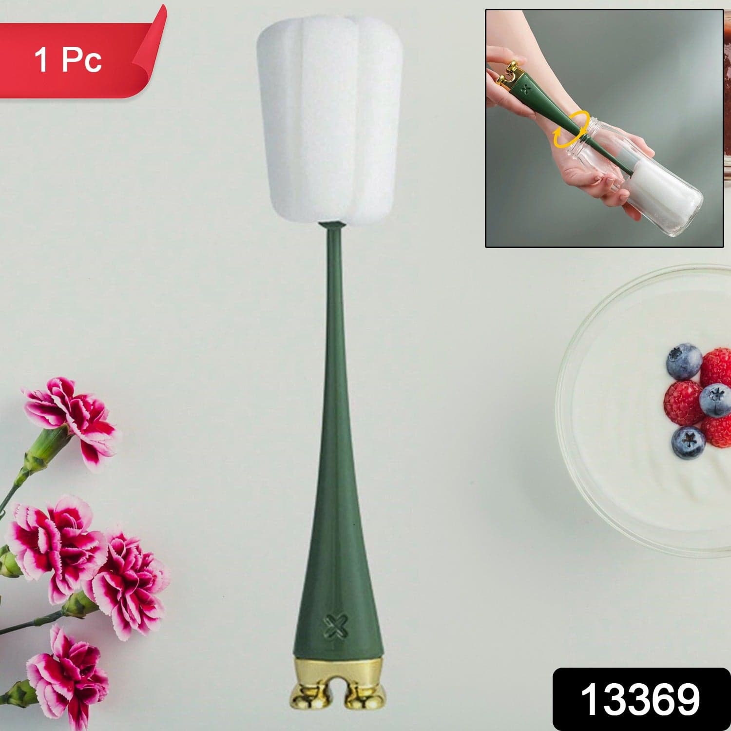 Multifunctional Silicone Bottle Cleaning Foam Brush with Plastic Long Handle (1 Pc) thumbnail 2