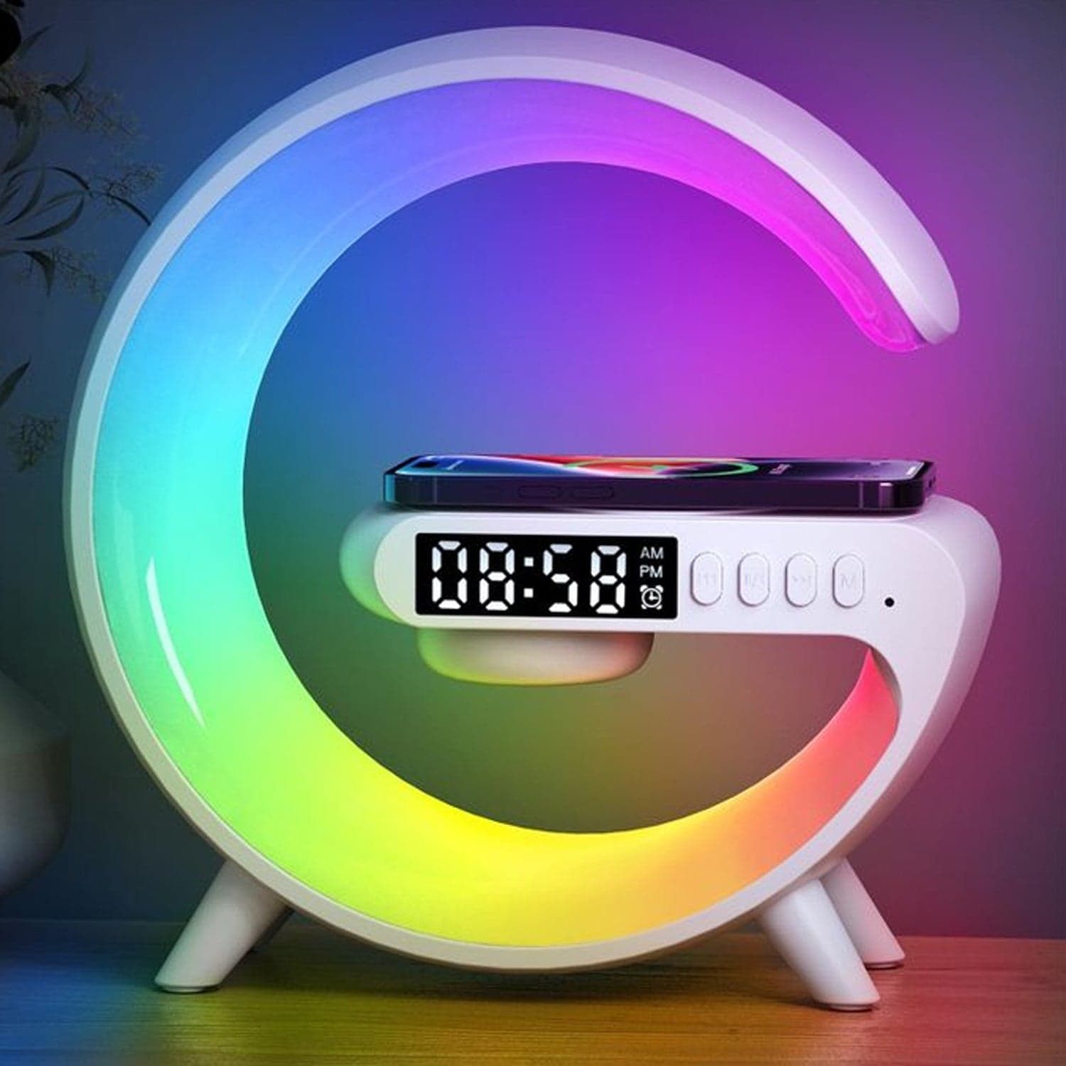 Smart Alarm Clock with G-Shape RGB Light Bluetooth Speaker, Wireless Charging (1 Pc) thumbnail 3