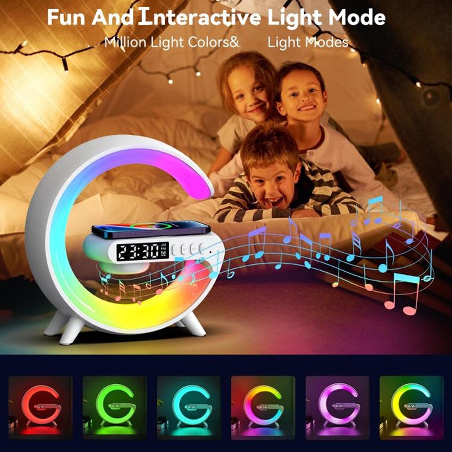 Smart Alarm Clock with G-Shape RGB Light Bluetooth Speaker, Wireless Charging (1 Pc) thumbnail 7