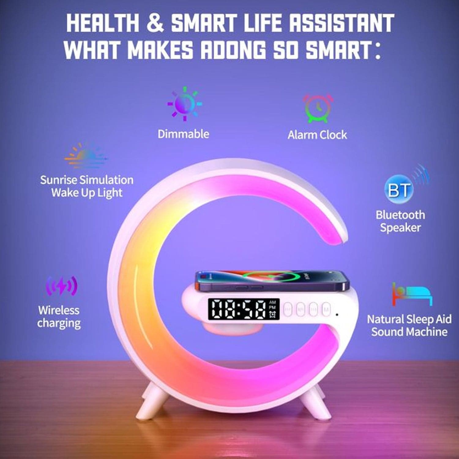 Smart Alarm Clock with G-Shape RGB Light Bluetooth Speaker, Wireless Charging (1 Pc) thumbnail 9