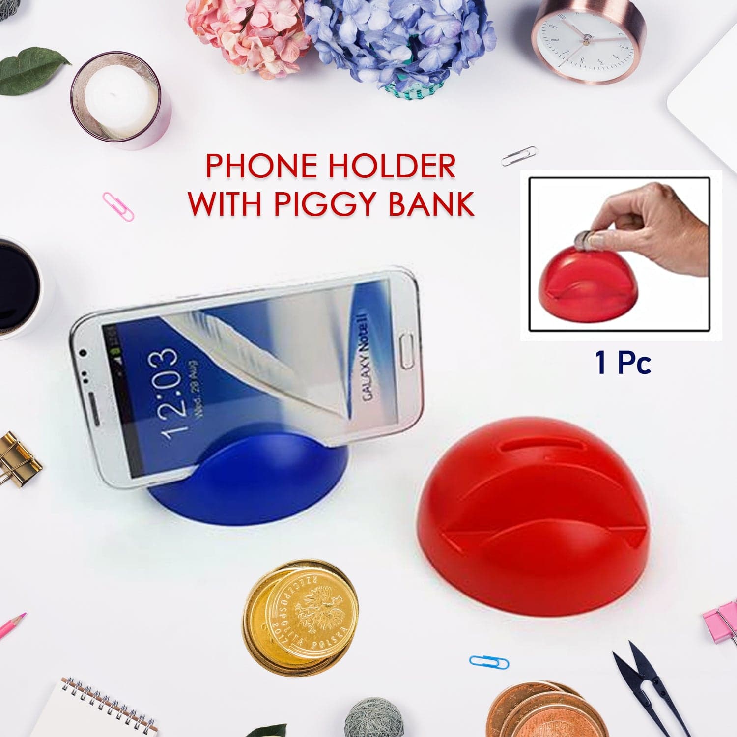 2in1 ABS Plastic Phone Holder Phone Stand With Coin Bank (1 Pc) thumbnail 1