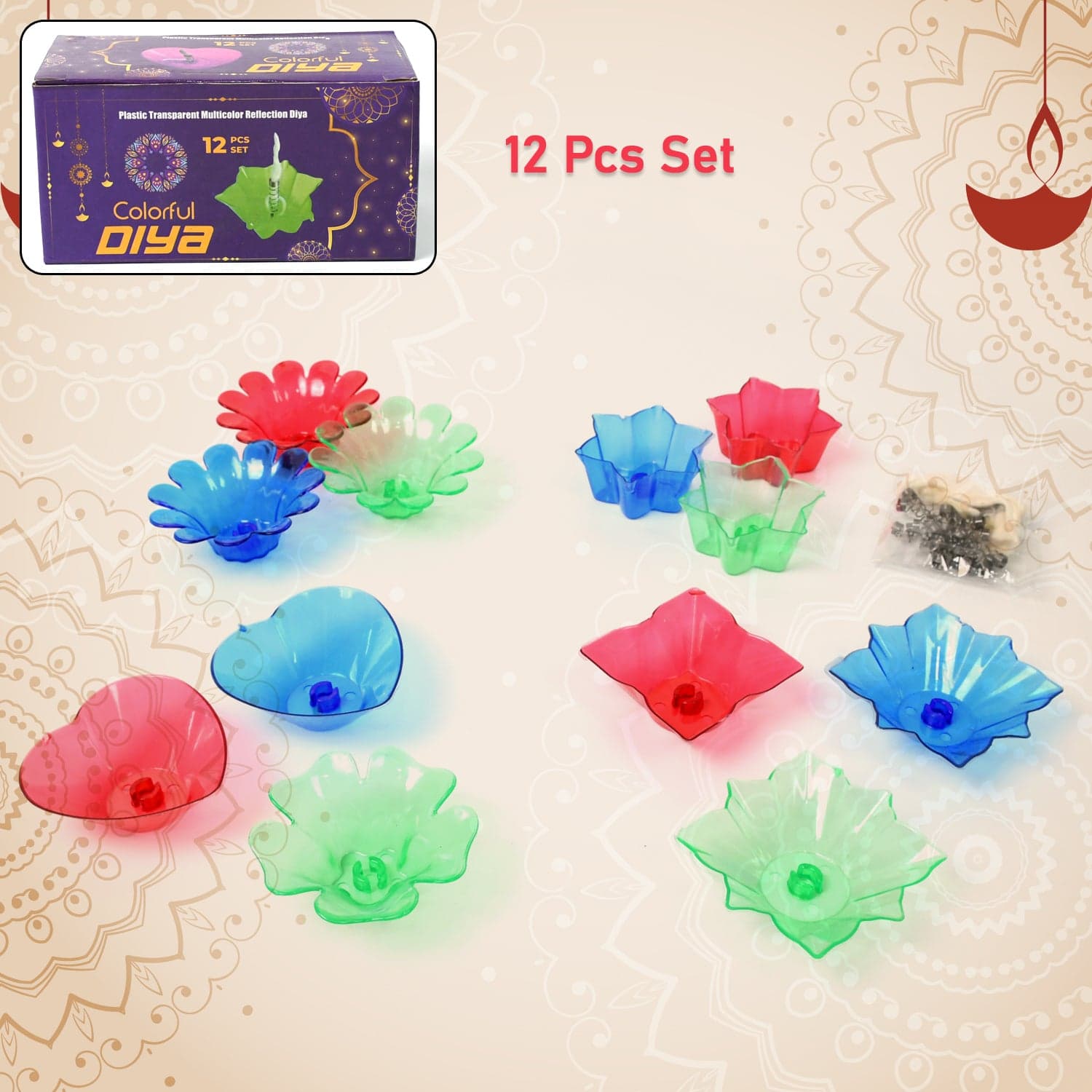 Colourful Reflection Diya Combo Plastic Candle Cup with Multi Shape, Diwali (12 Pcs Set) thumbnail 2