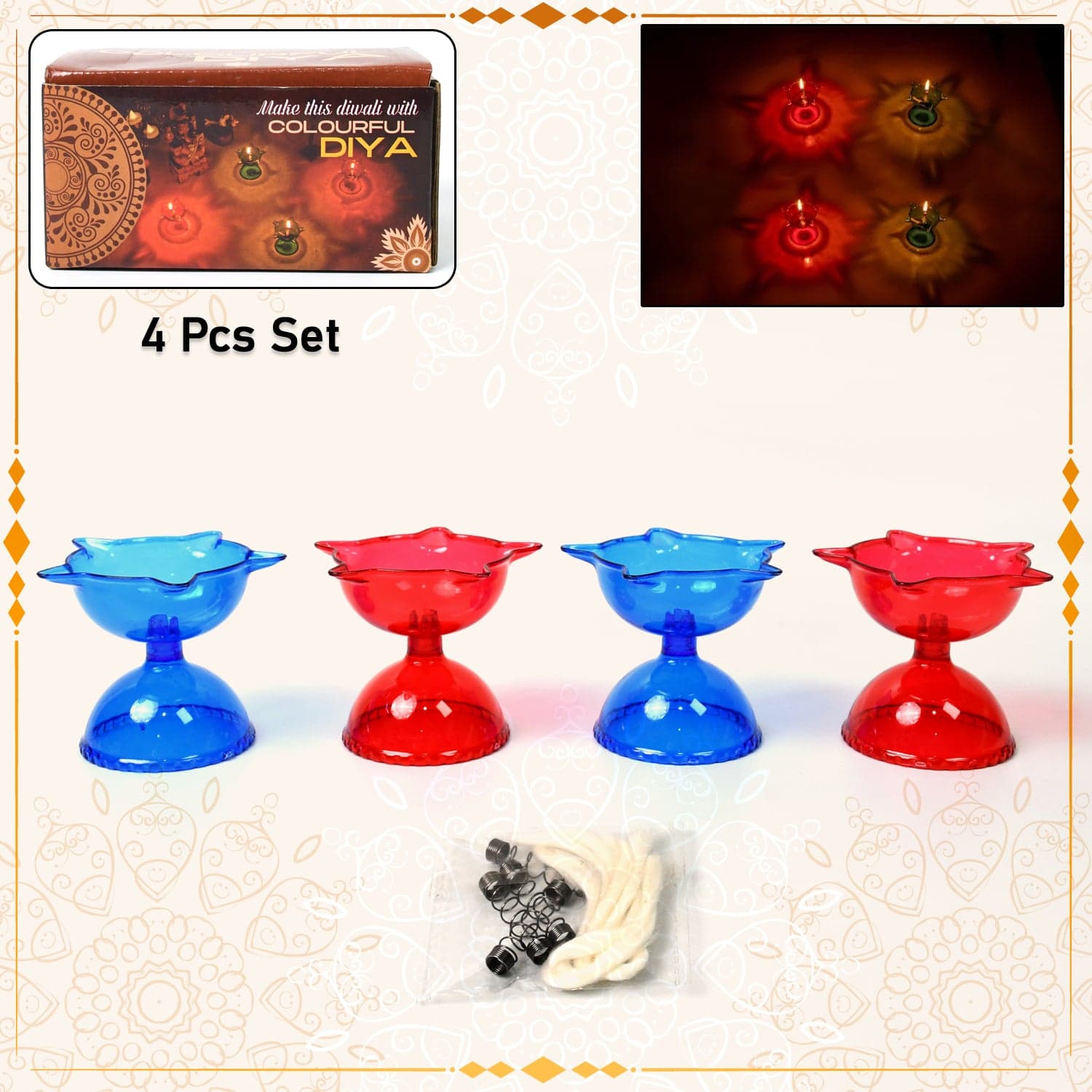 Colourful Reflection Diya Combo Plastic Candle Cup with Multi Shape, Diwali (4 Pcs Set) thumbnail 3