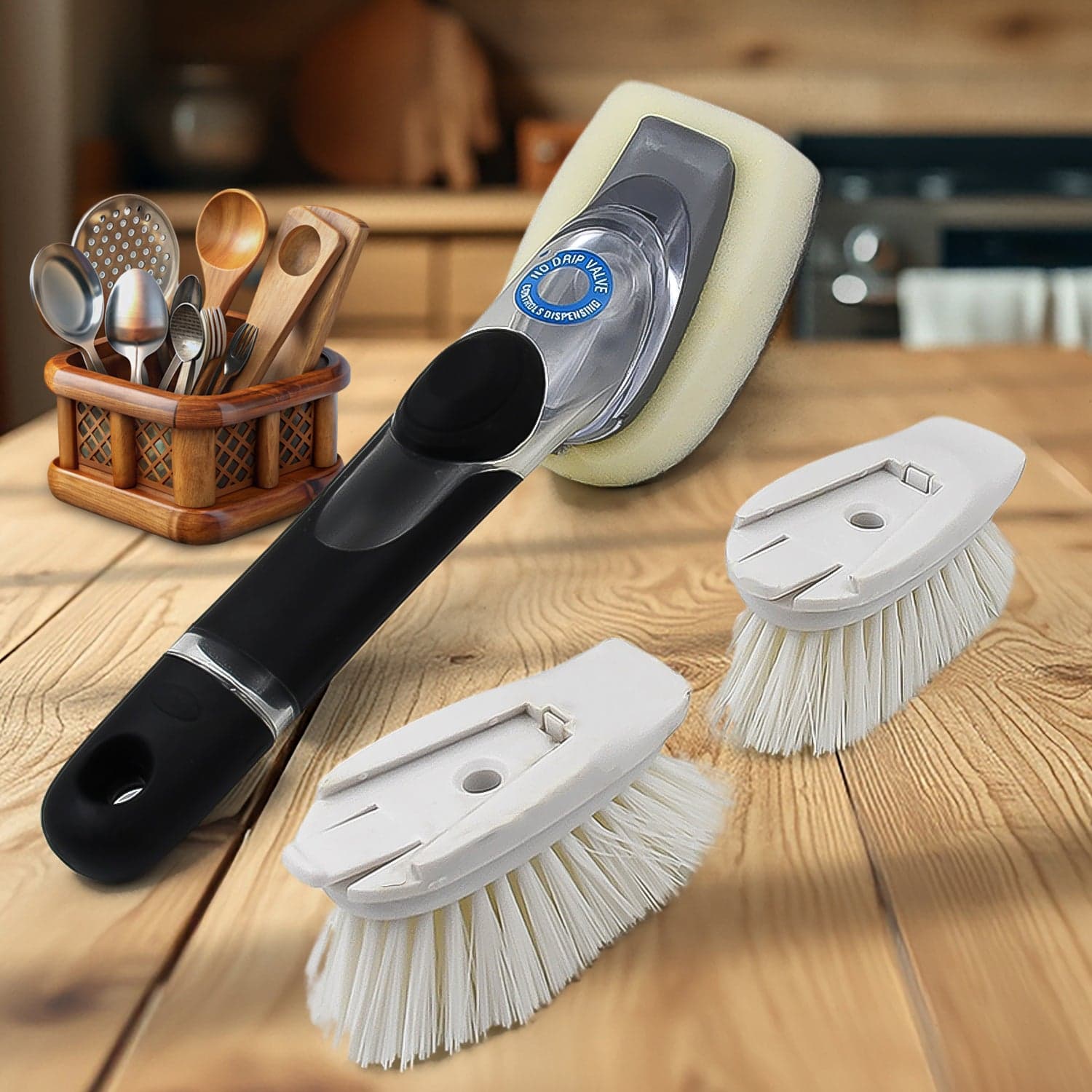 Dish Scrubber With Soap Dispenser, Soap Dispensing Dish Brush Set (1 Set / With Brown Box) thumbnail 1