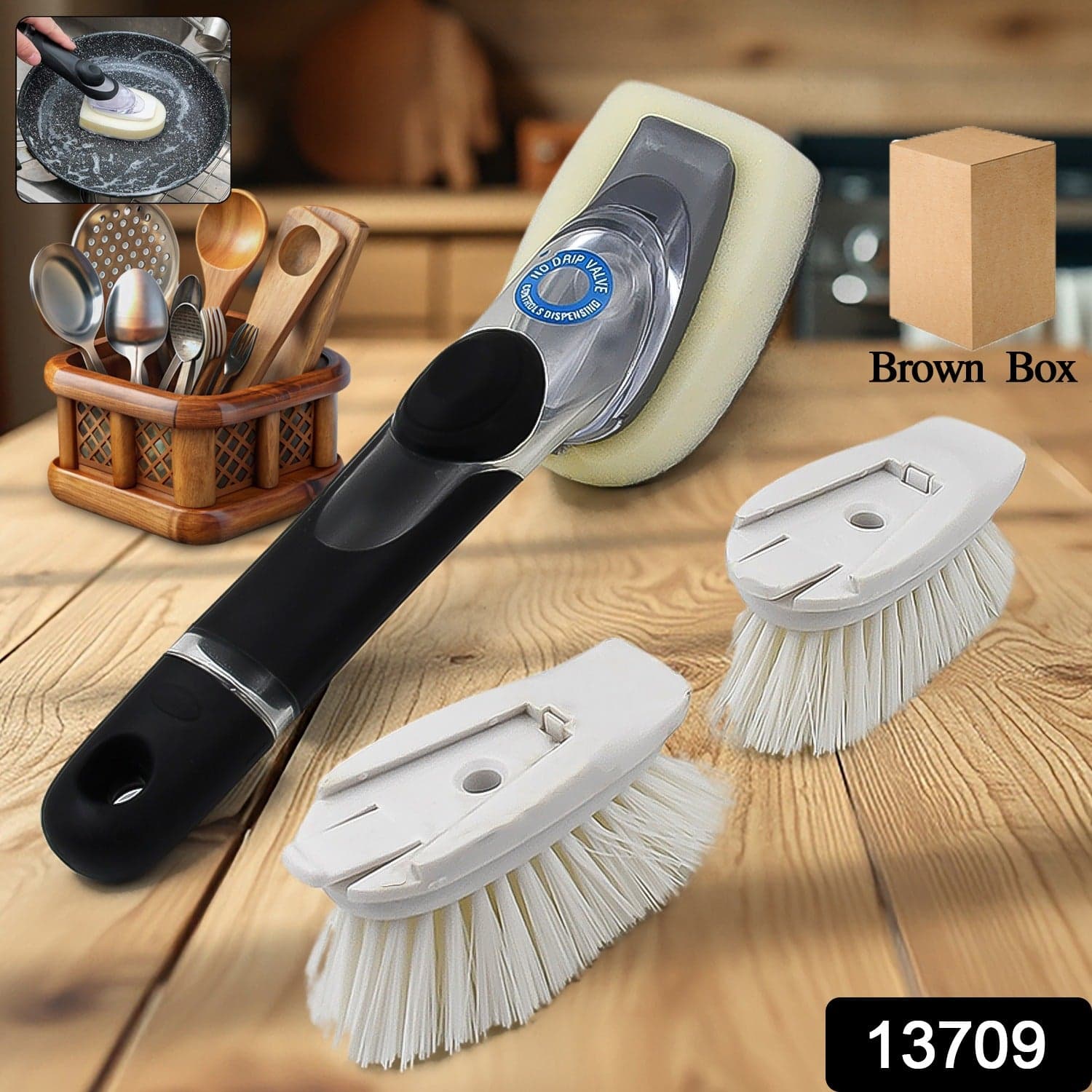 Dish Scrubber With Soap Dispenser, Soap Dispensing Dish Brush Set (1 Set / With Brown Box) thumbnail 2