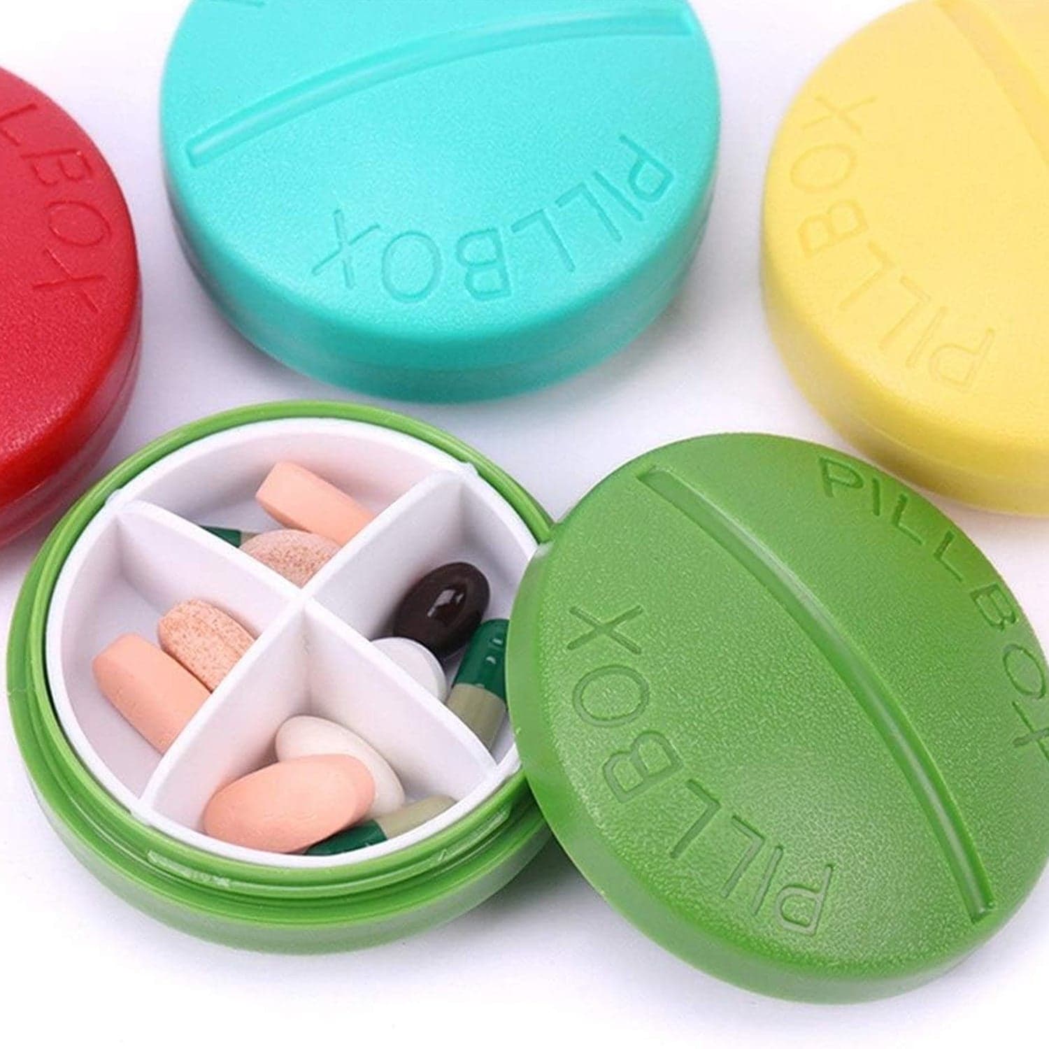 Portable Round Shape 4 Compartments Pill Box (1 Pc / With Brown Box) thumbnail 3