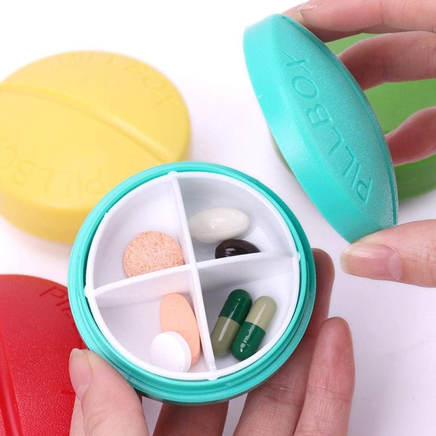 Portable Round Shape 4 Compartments Pill Box (1 Pc / With Brown Box) thumbnail 6